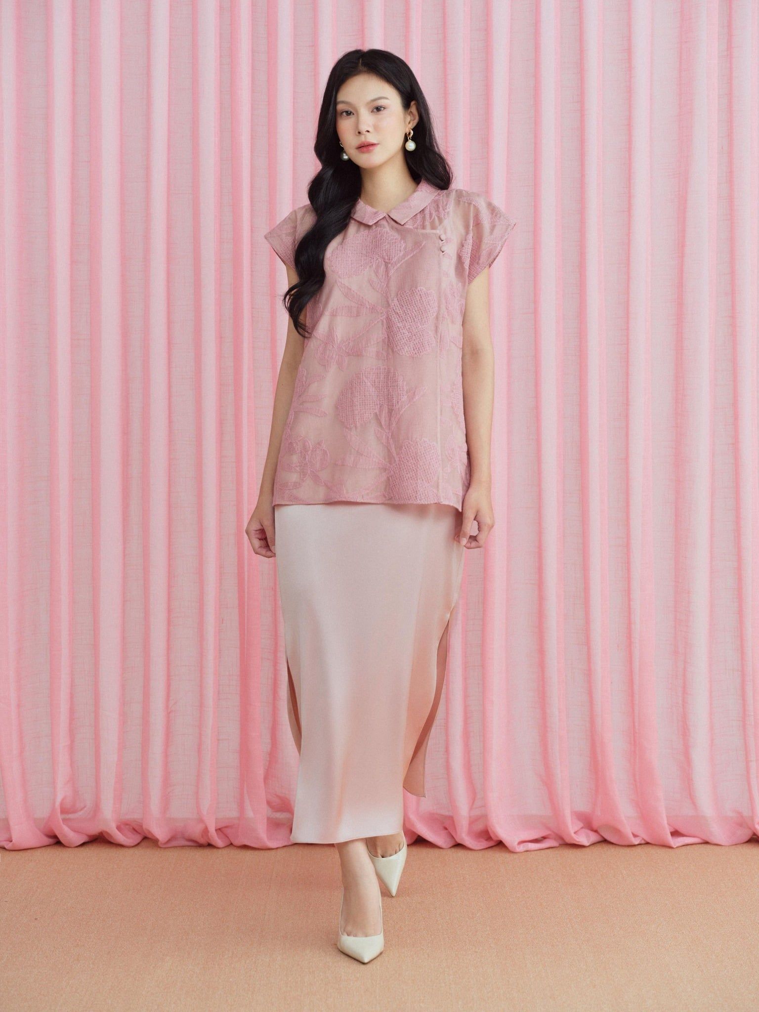  Set đầm lụa phối áo voan thêu | Mauve Lunar set 