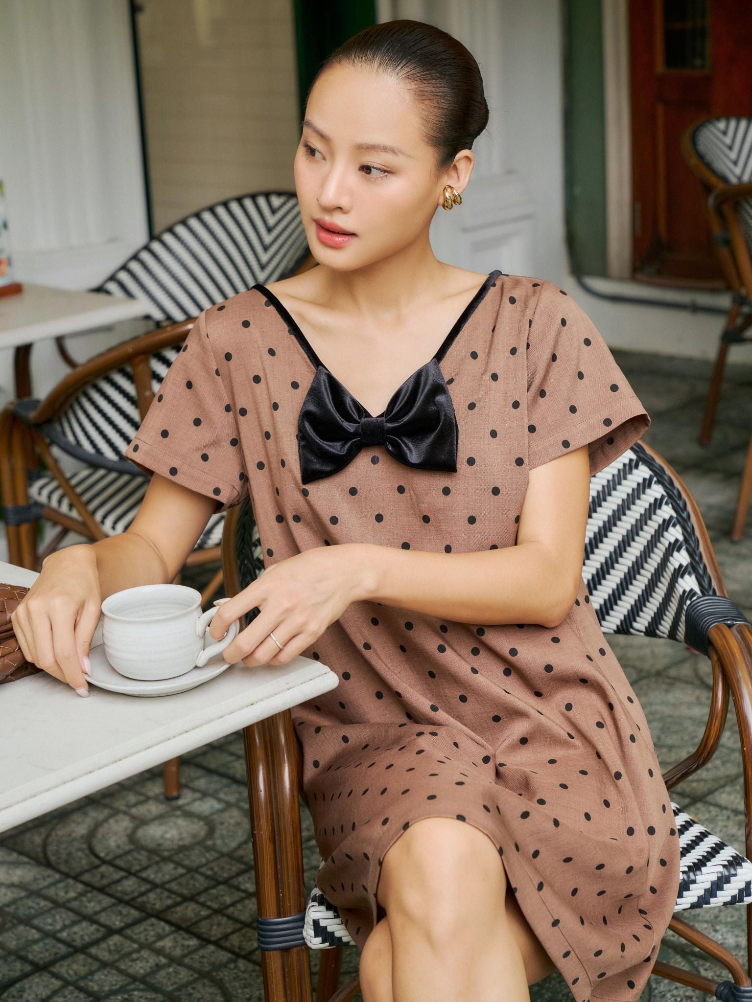  Đầm chấm bi phối nơ cổ tim | Mauve Bowie dress 