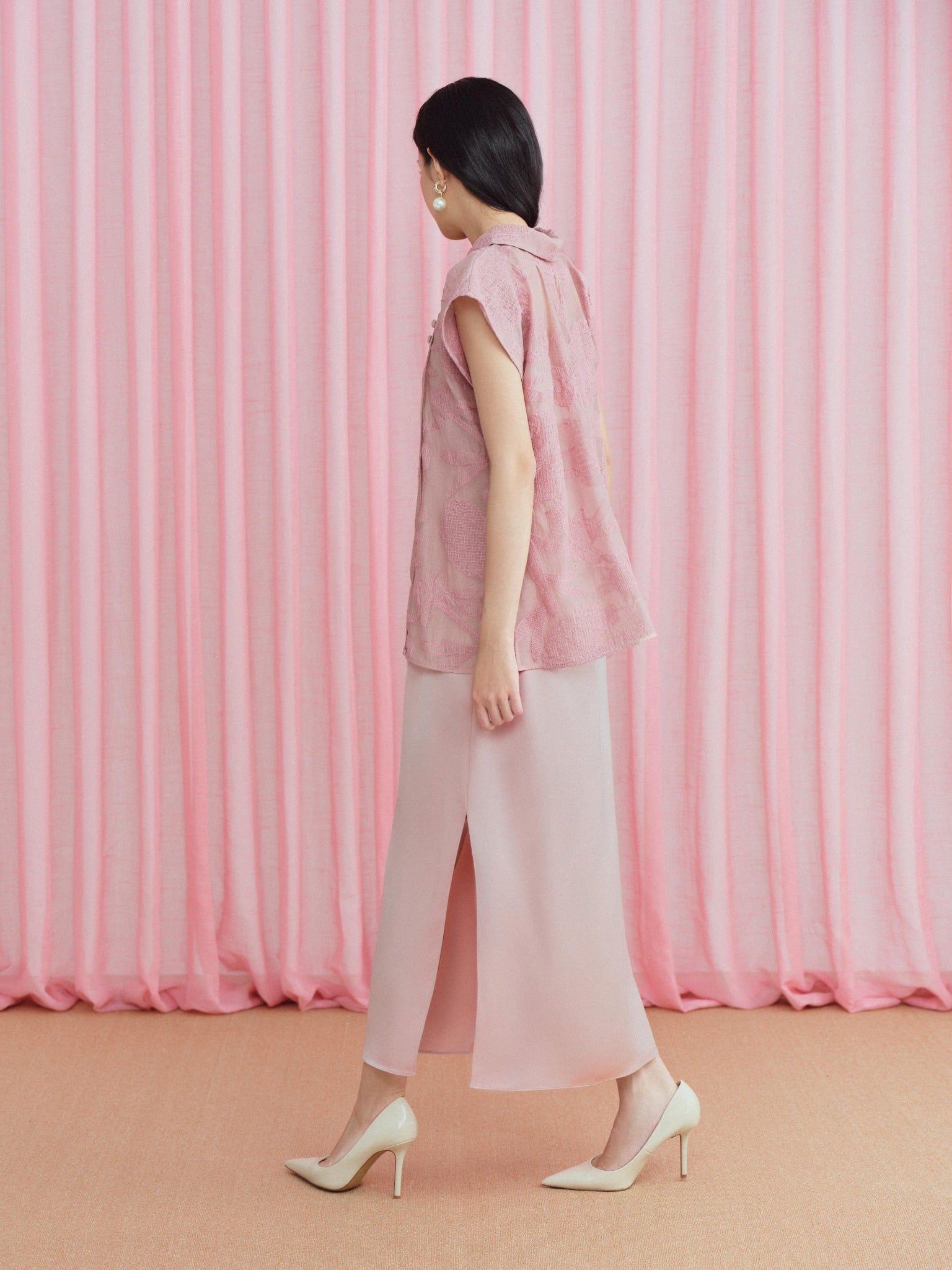  Set đầm lụa phối áo voan thêu | Mauve Lunar set 