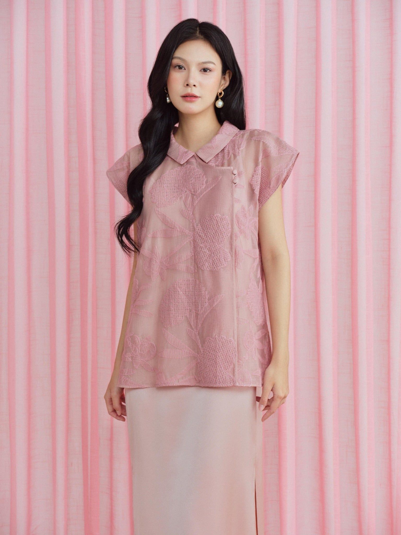  Set đầm lụa phối áo voan thêu | Mauve Lunar set 