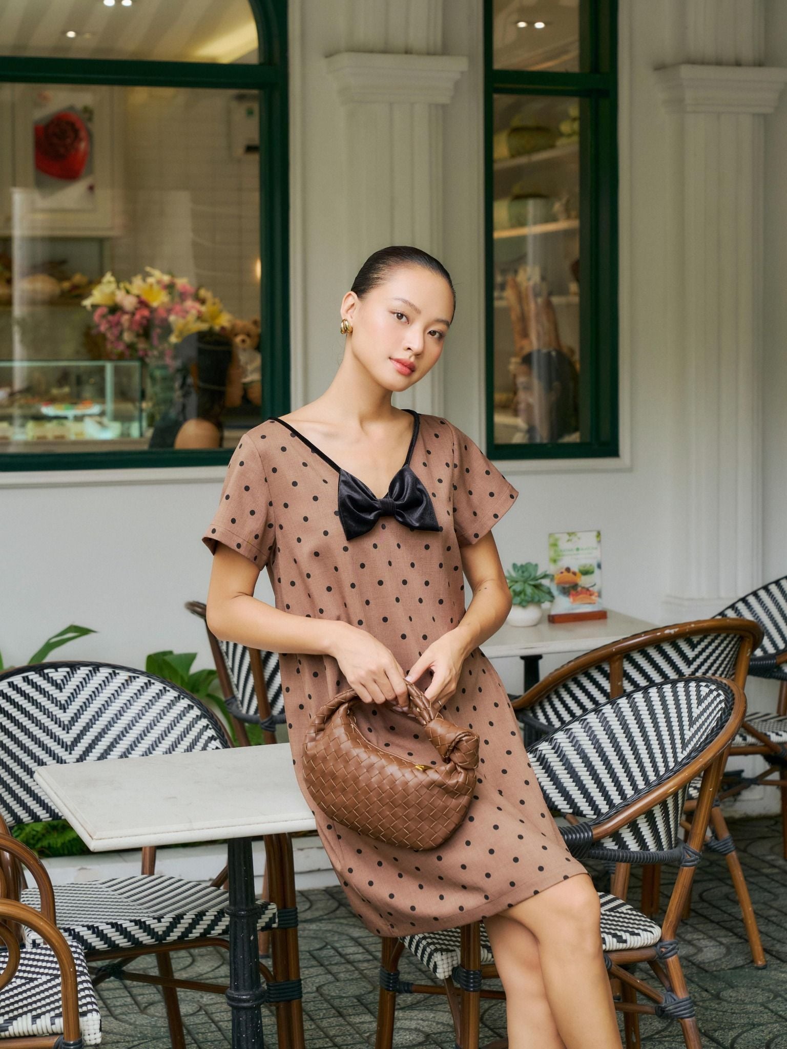  Đầm chấm bi phối nơ cổ tim | Mauve Bowie dress 