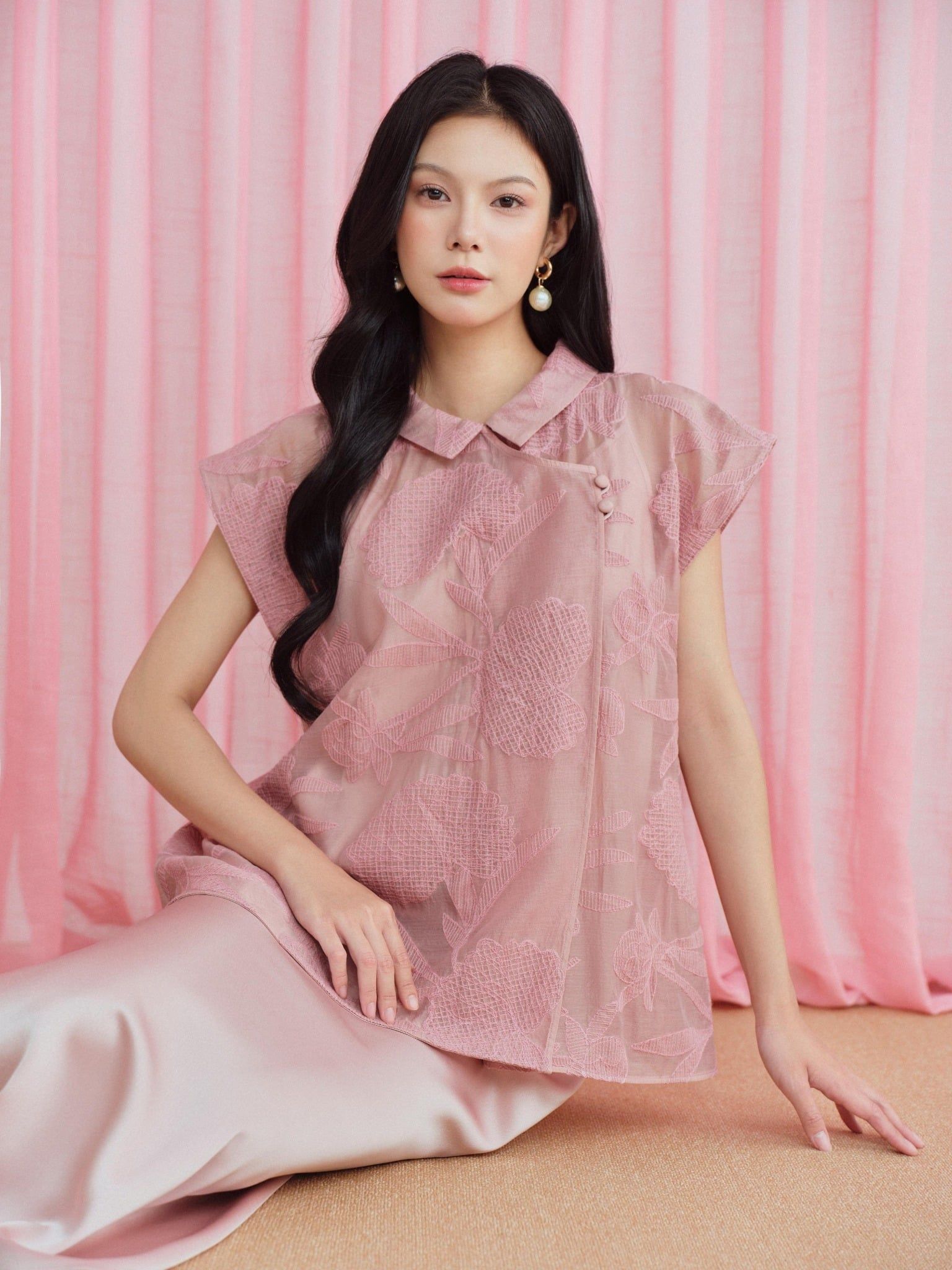  Set đầm lụa phối áo voan thêu | Mauve Lunar set 