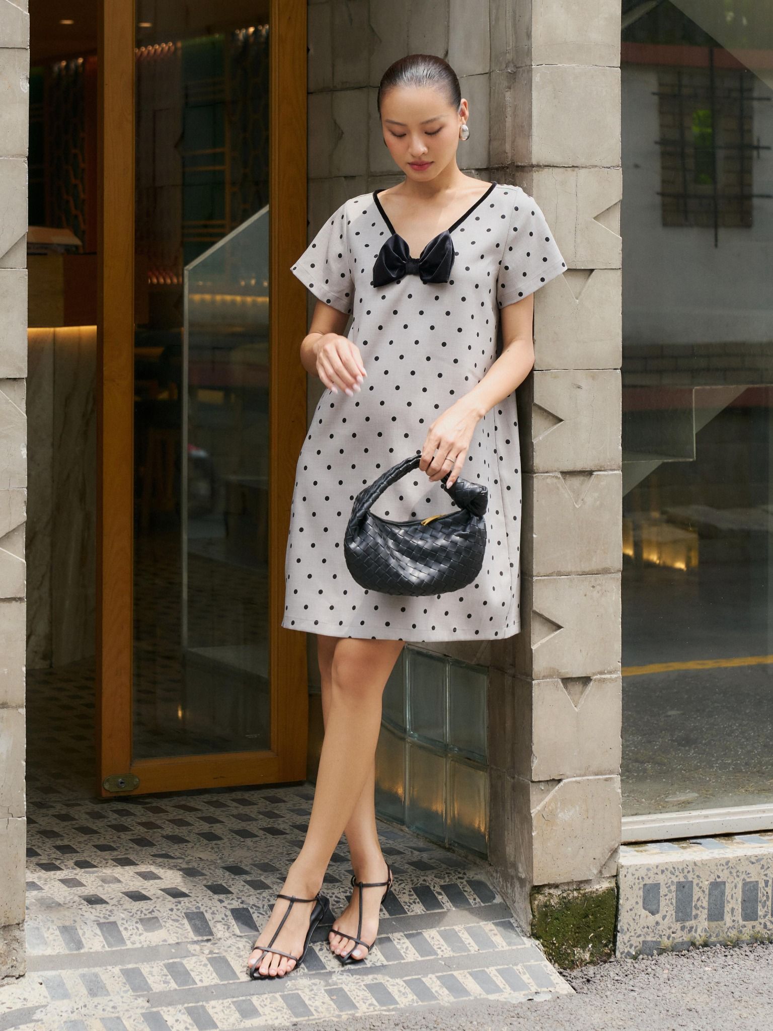  Đầm chấm bi phối nơ cổ tim | Mauve Bowie dress 