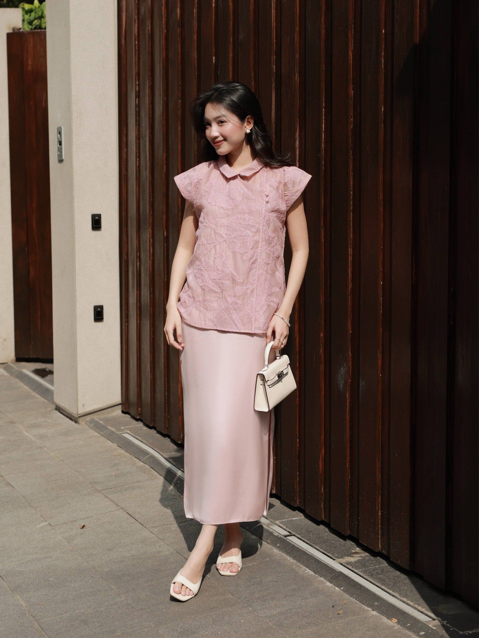  Set đầm lụa phối áo voan thêu | Mauve Lunar set 