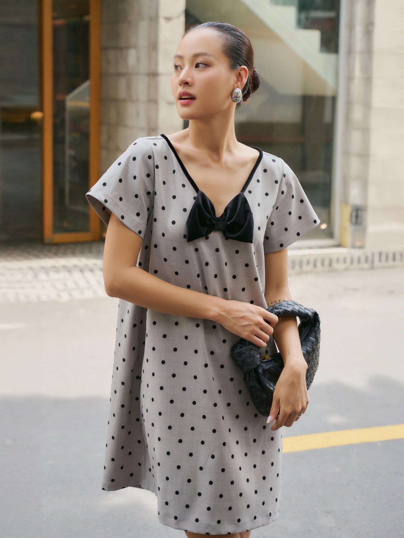  Đầm chấm bi phối nơ cổ tim | Mauve Bowie dress 