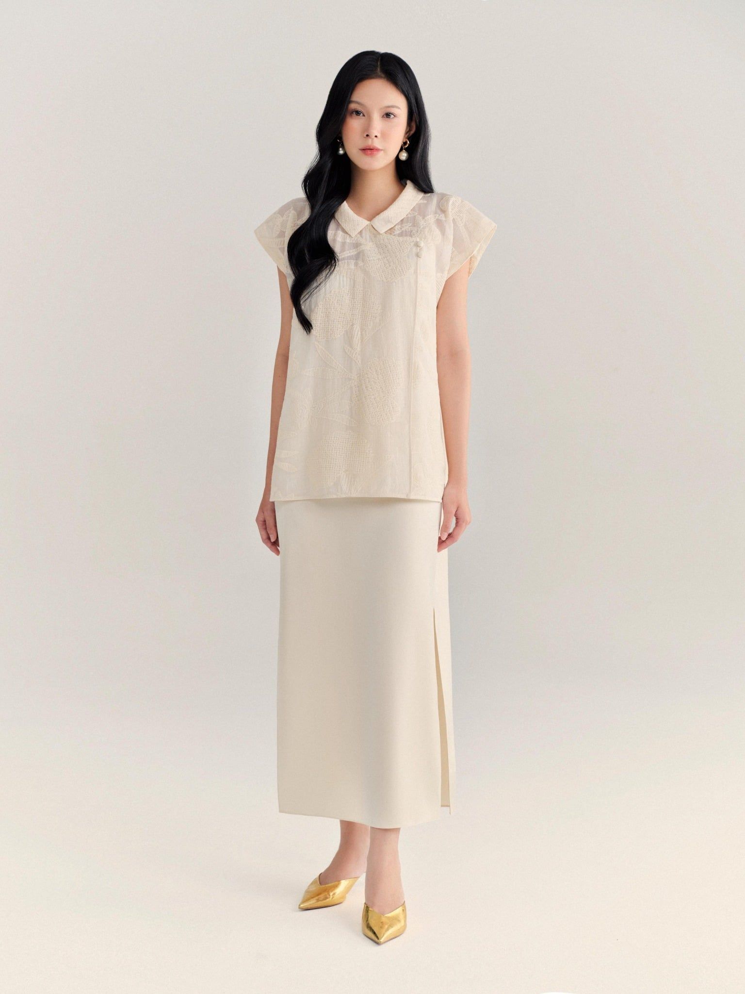  Set đầm lụa phối áo voan thêu | Mauve Lunar set 