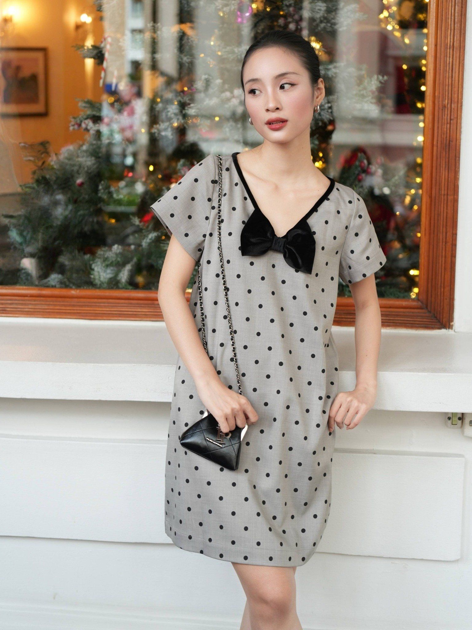  Đầm chấm bi phối nơ cổ tim | Mauve Bowie dress 