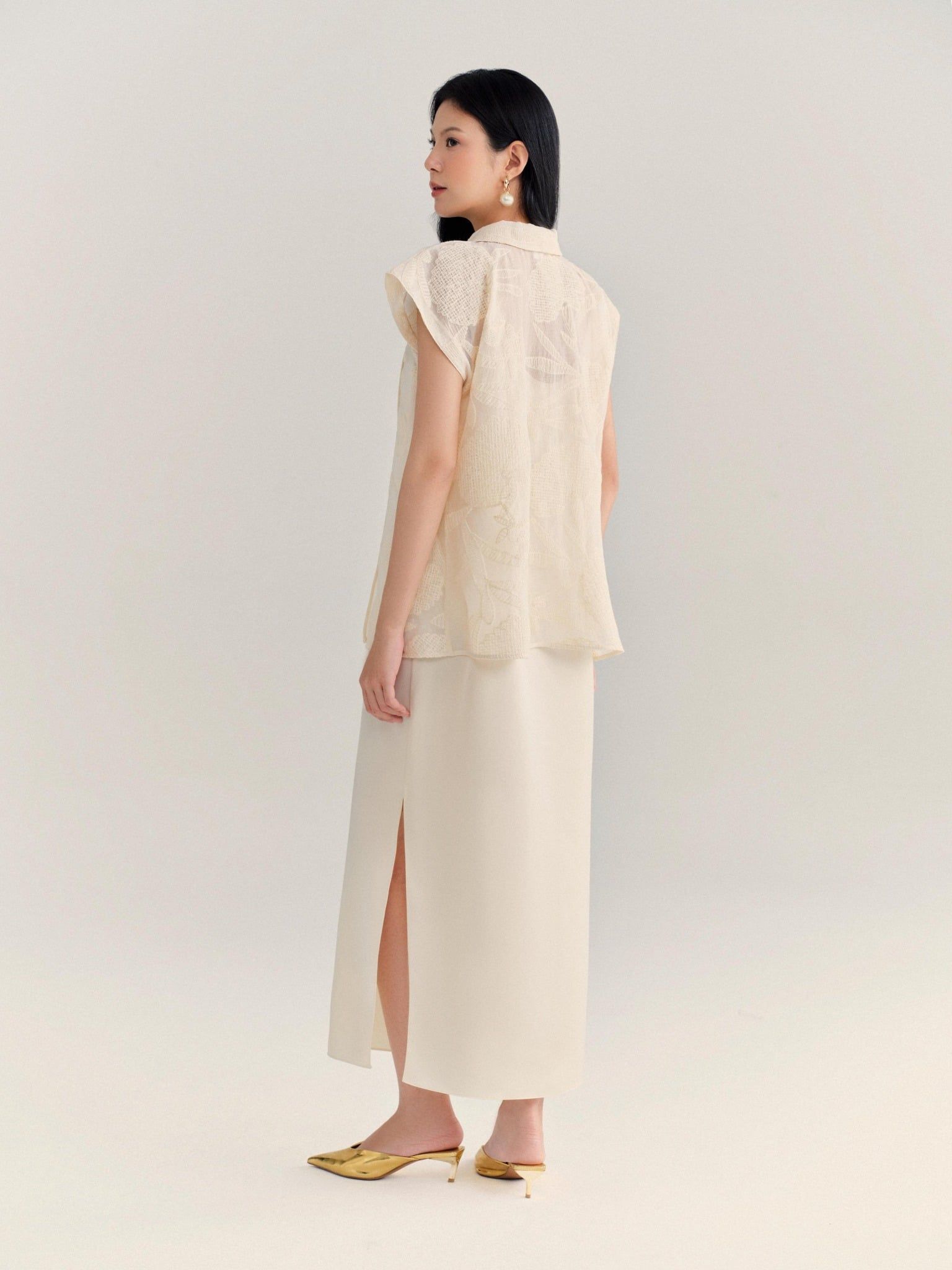  Set đầm lụa phối áo voan thêu | Mauve Lunar set 