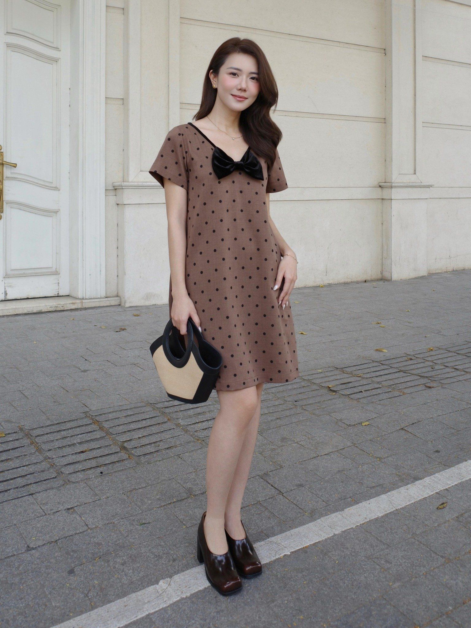  Đầm chấm bi phối nơ cổ tim | Mauve Bowie dress 