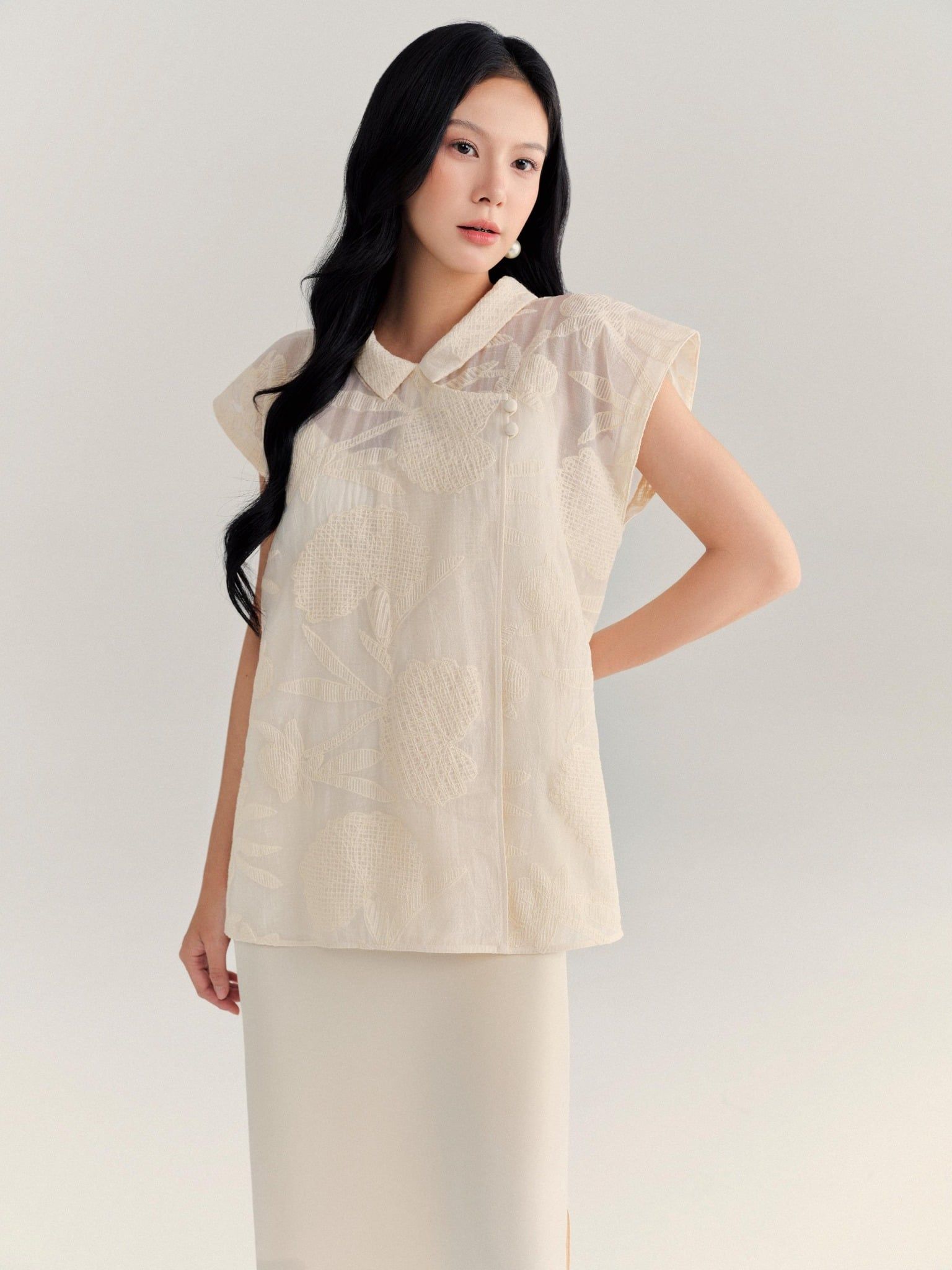  Set đầm lụa phối áo voan thêu | Mauve Lunar set 