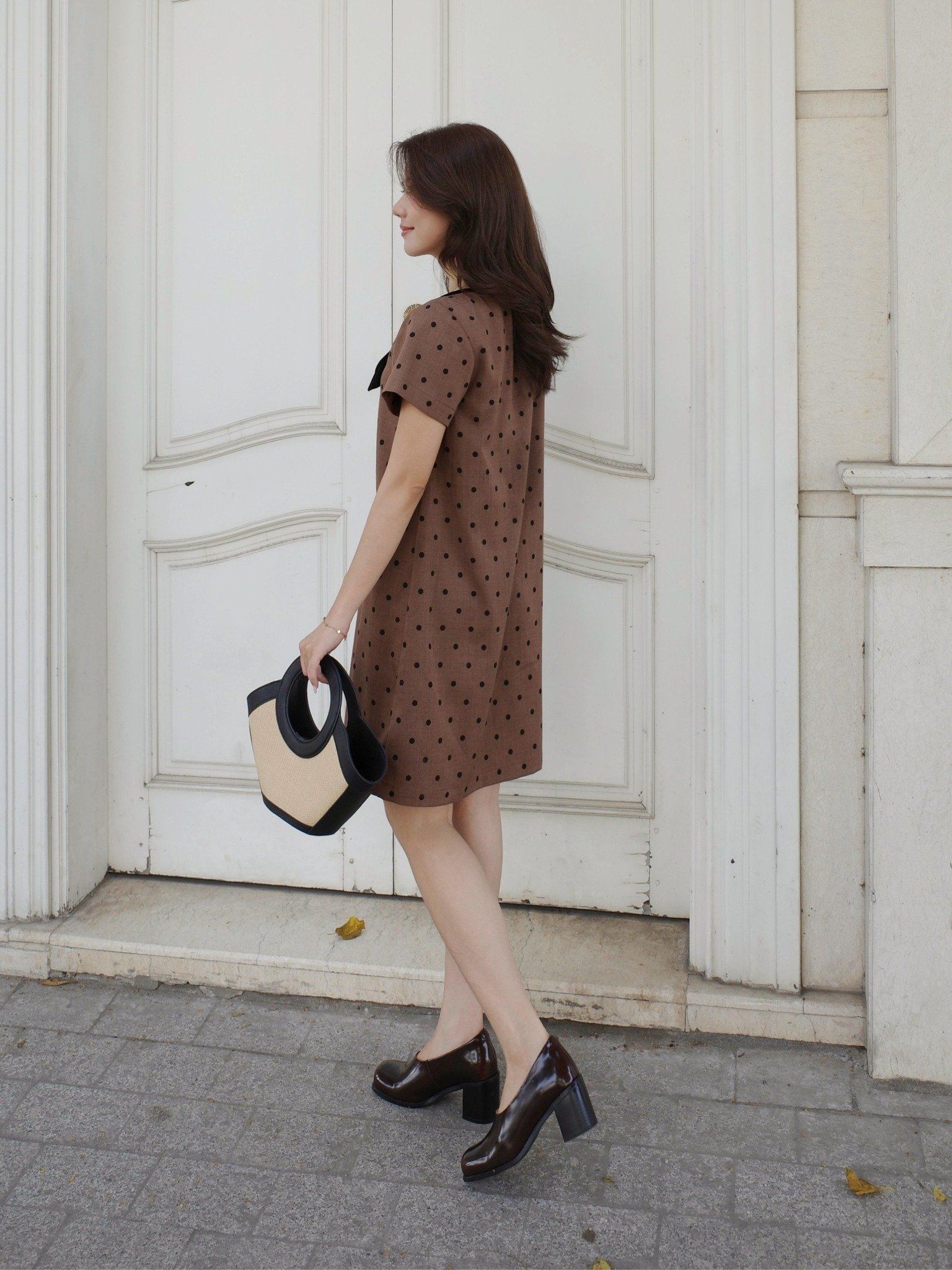  Đầm chấm bi phối nơ cổ tim | Mauve Bowie dress 