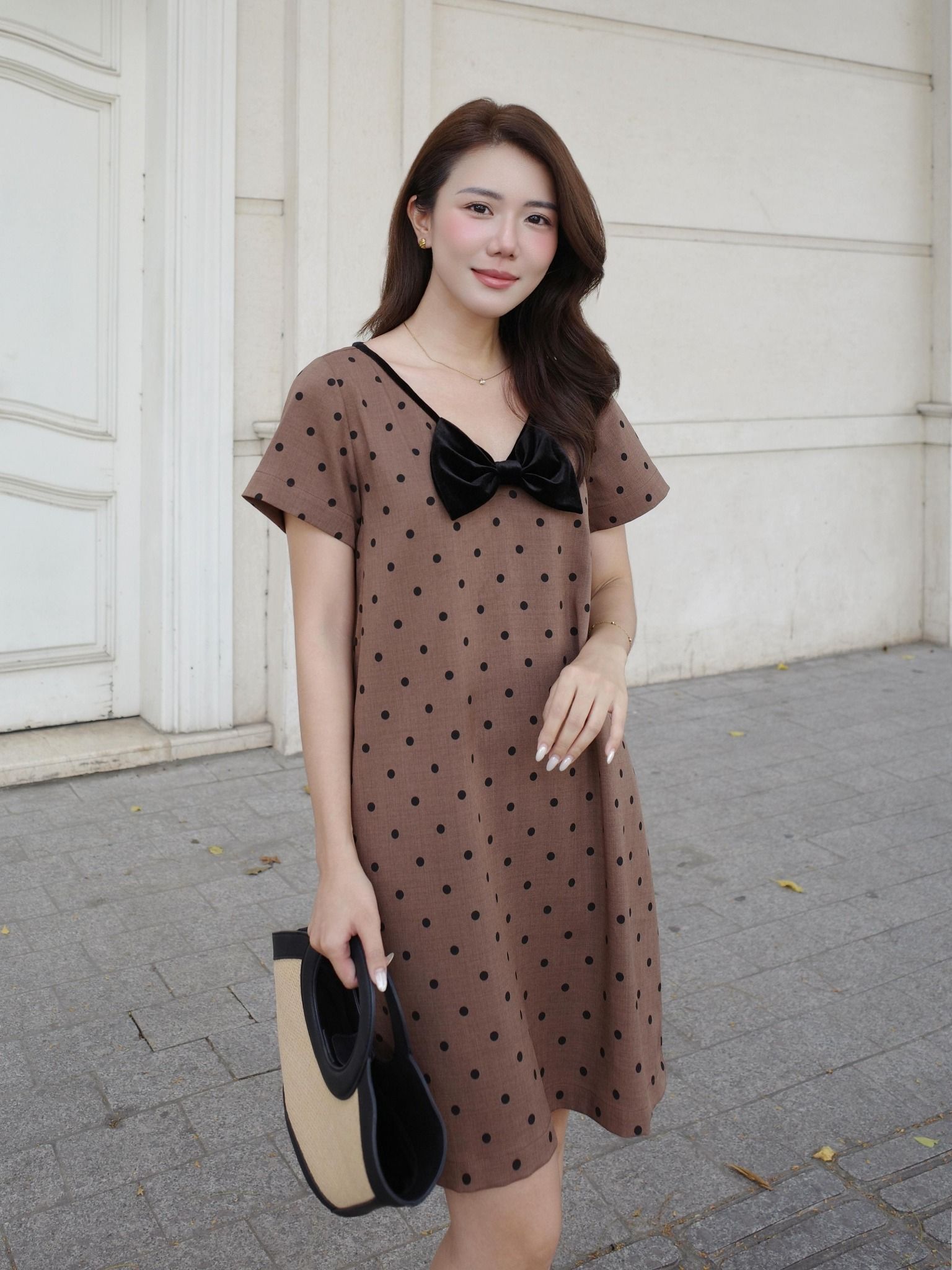  Đầm chấm bi phối nơ cổ tim | Mauve Bowie dress 