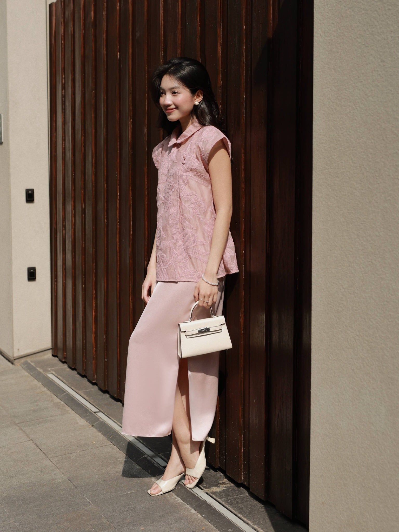  Set đầm lụa phối áo voan thêu | Mauve Lunar set 