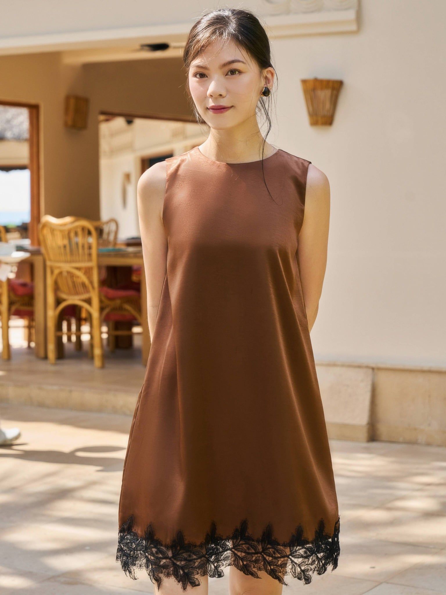  Đầm lụa phối ren | Mauve Satin Lace dress 