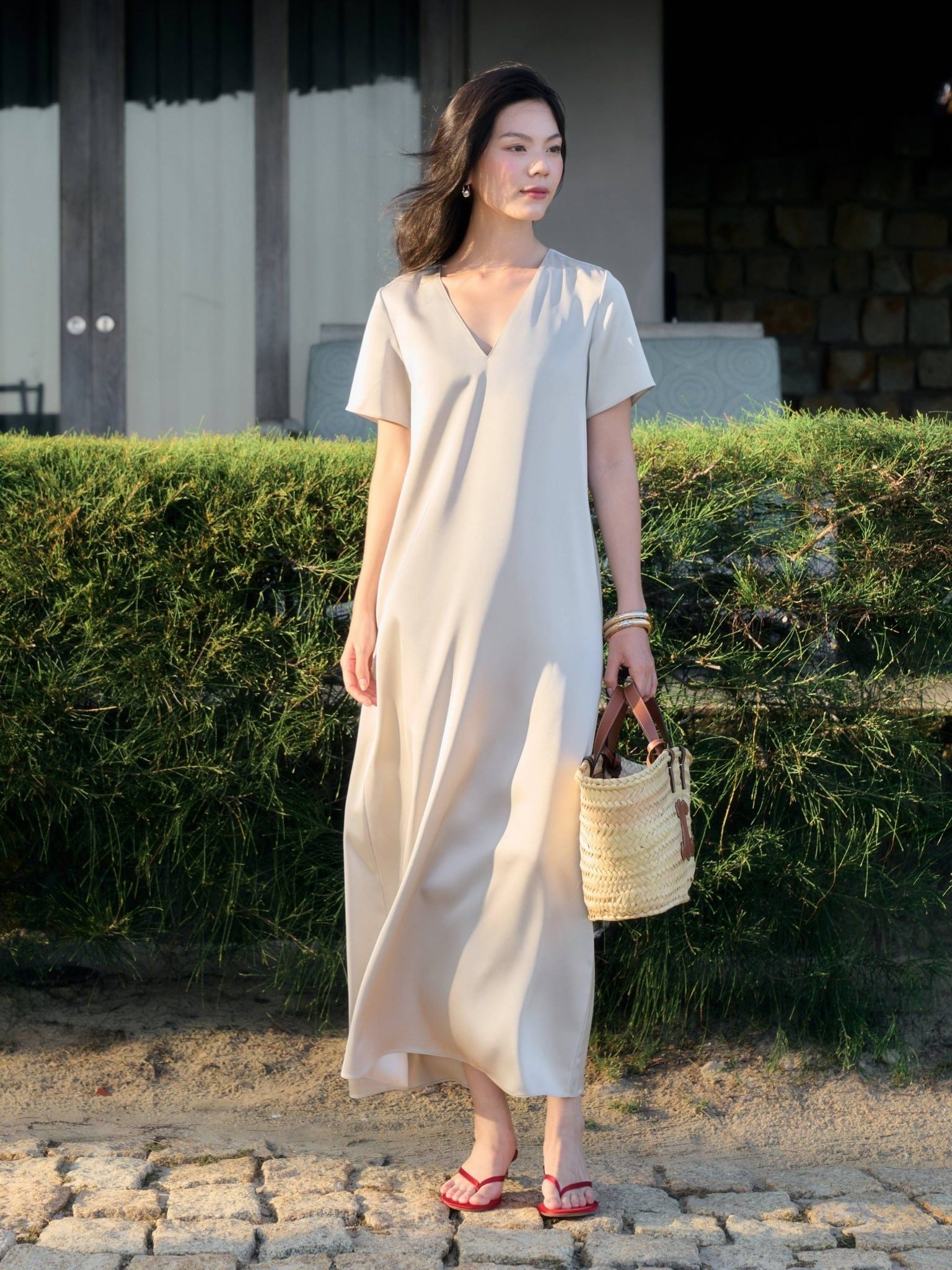  Đầm lụa dài cổ tim | Mauve V Silk dress 