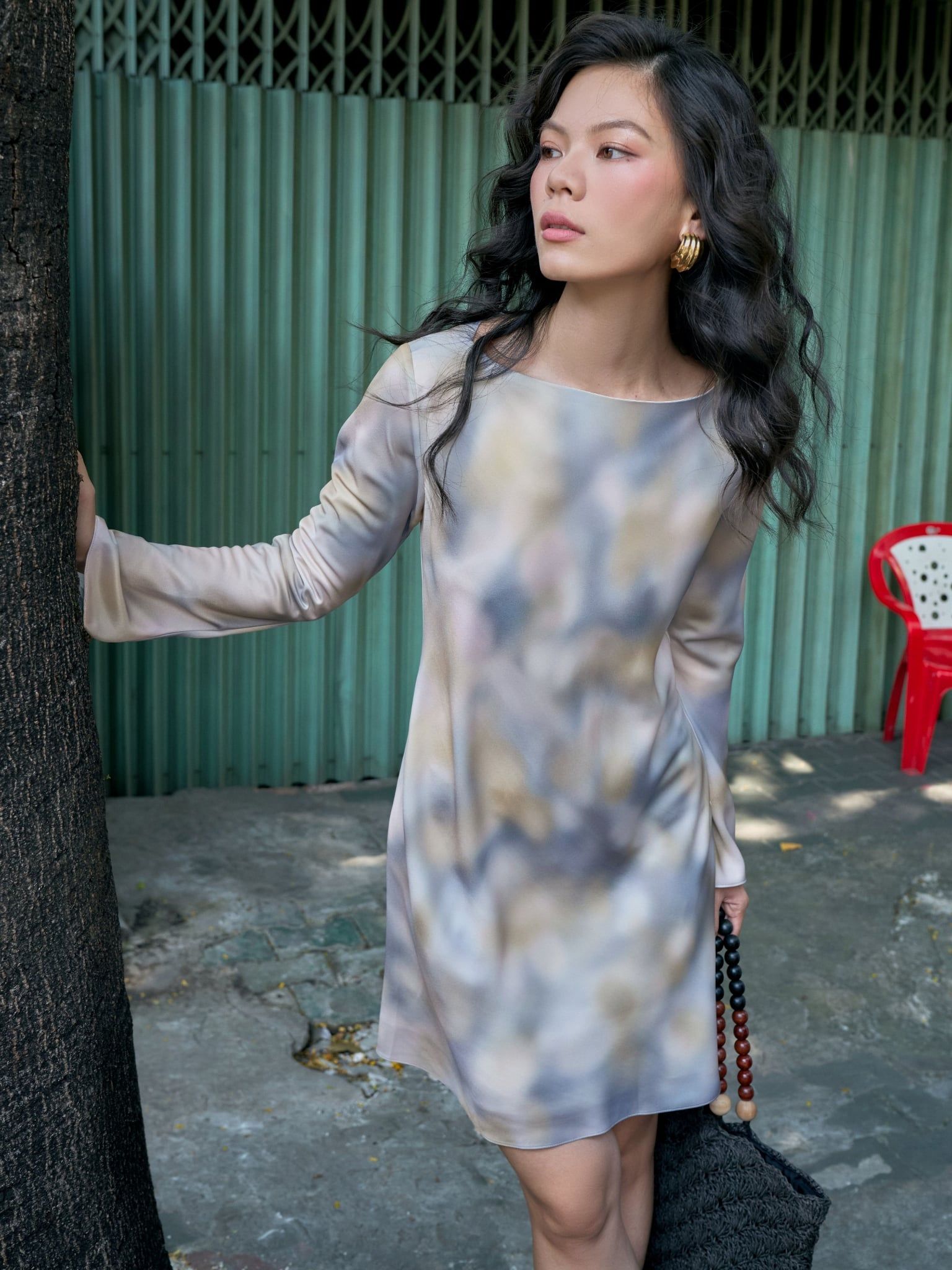  Đầm Sương Lam lụa tay dài | Mauve Blue Haze dress 