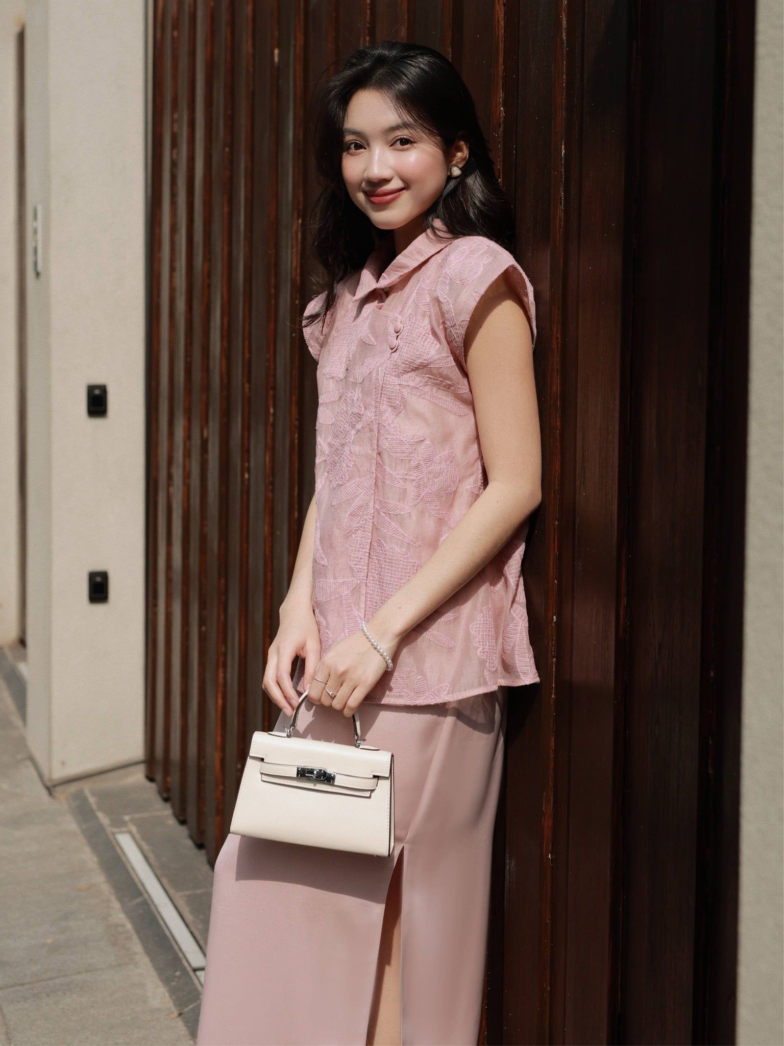  Set đầm lụa phối áo voan thêu | Mauve Lunar set 