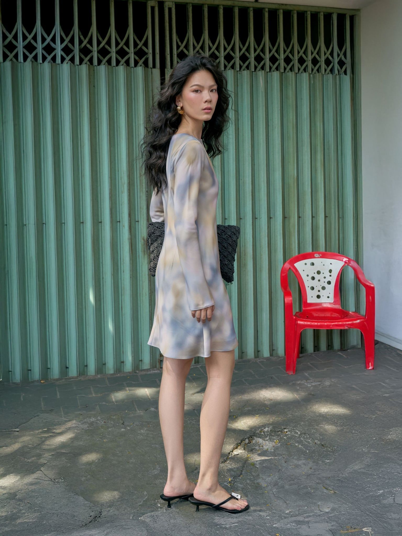  Đầm Sương Lam lụa tay dài | Mauve Blue Haze dress 