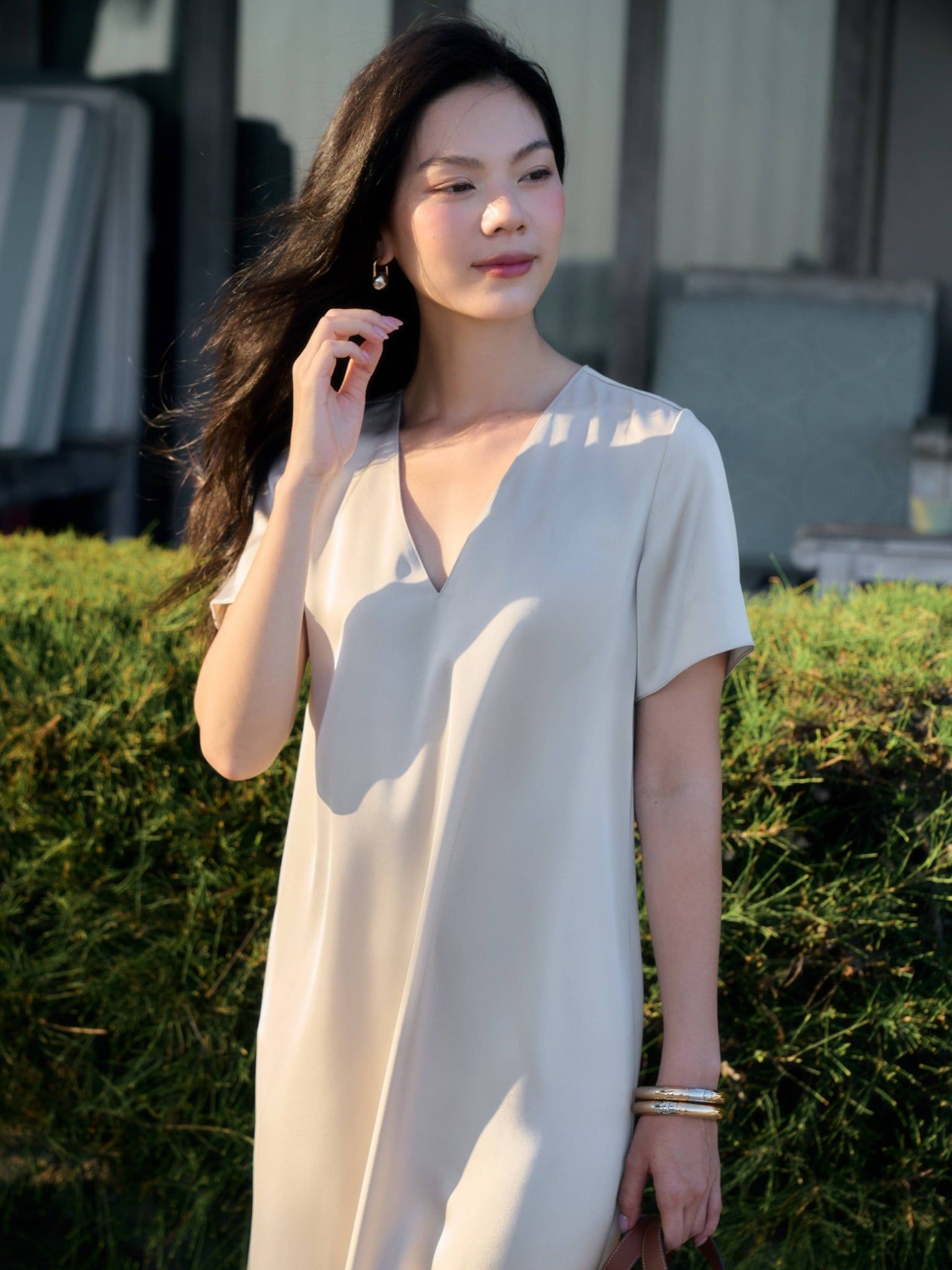  Đầm lụa dài cổ tim | Mauve V Silk dress 