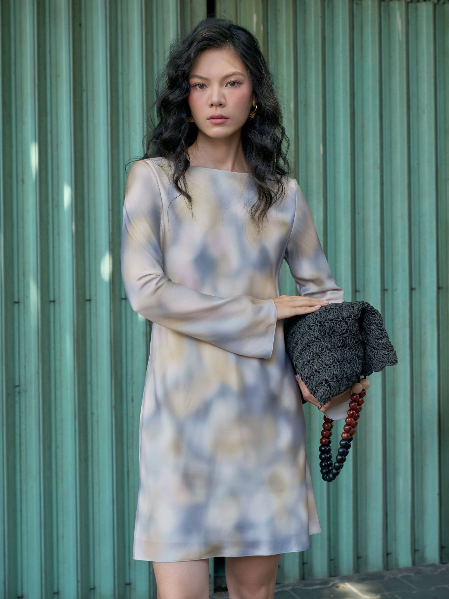  Đầm Sương Lam lụa tay dài | Mauve Blue Haze dress 