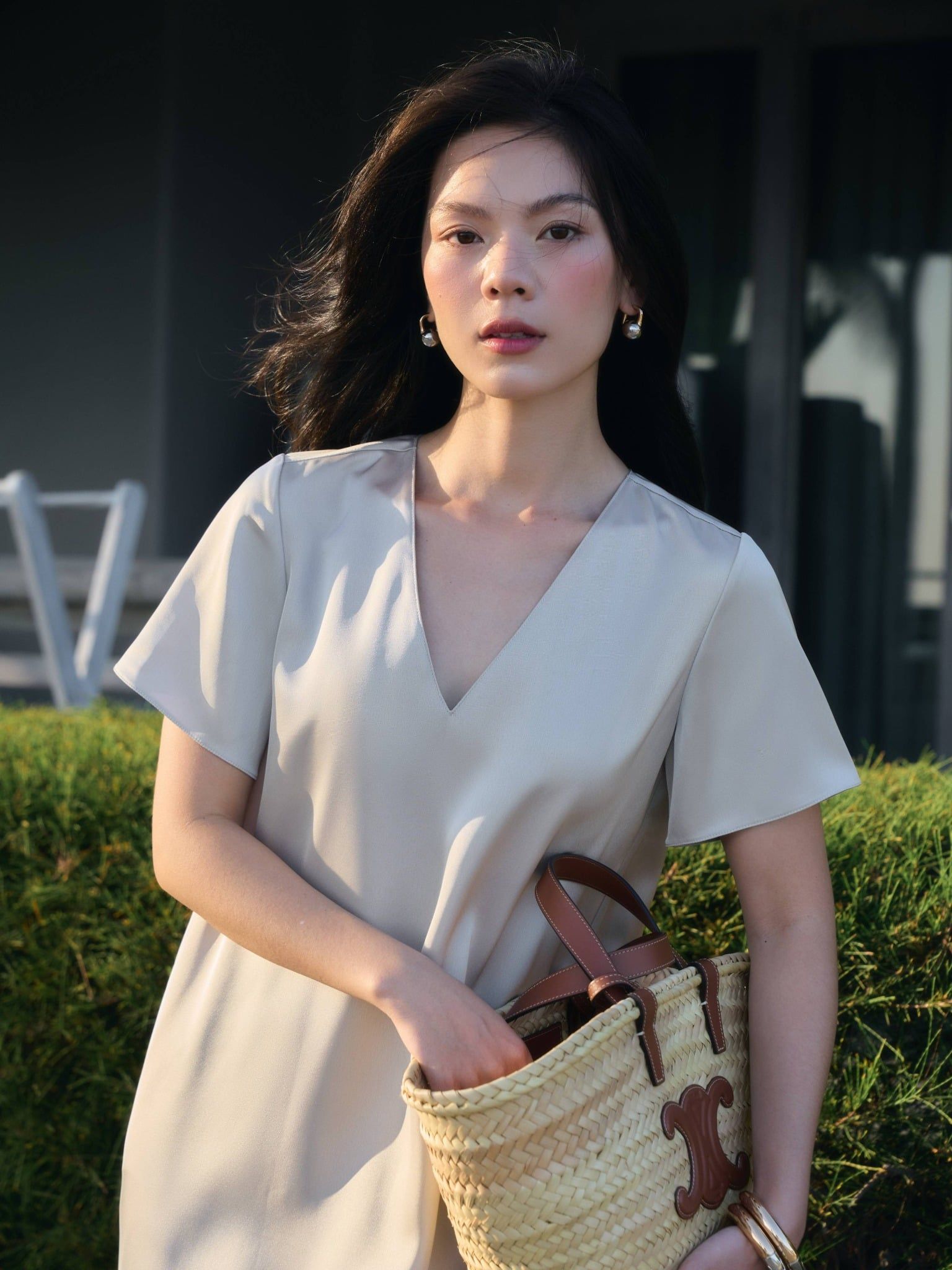  Đầm lụa dài cổ tim | Mauve V Silk dress 