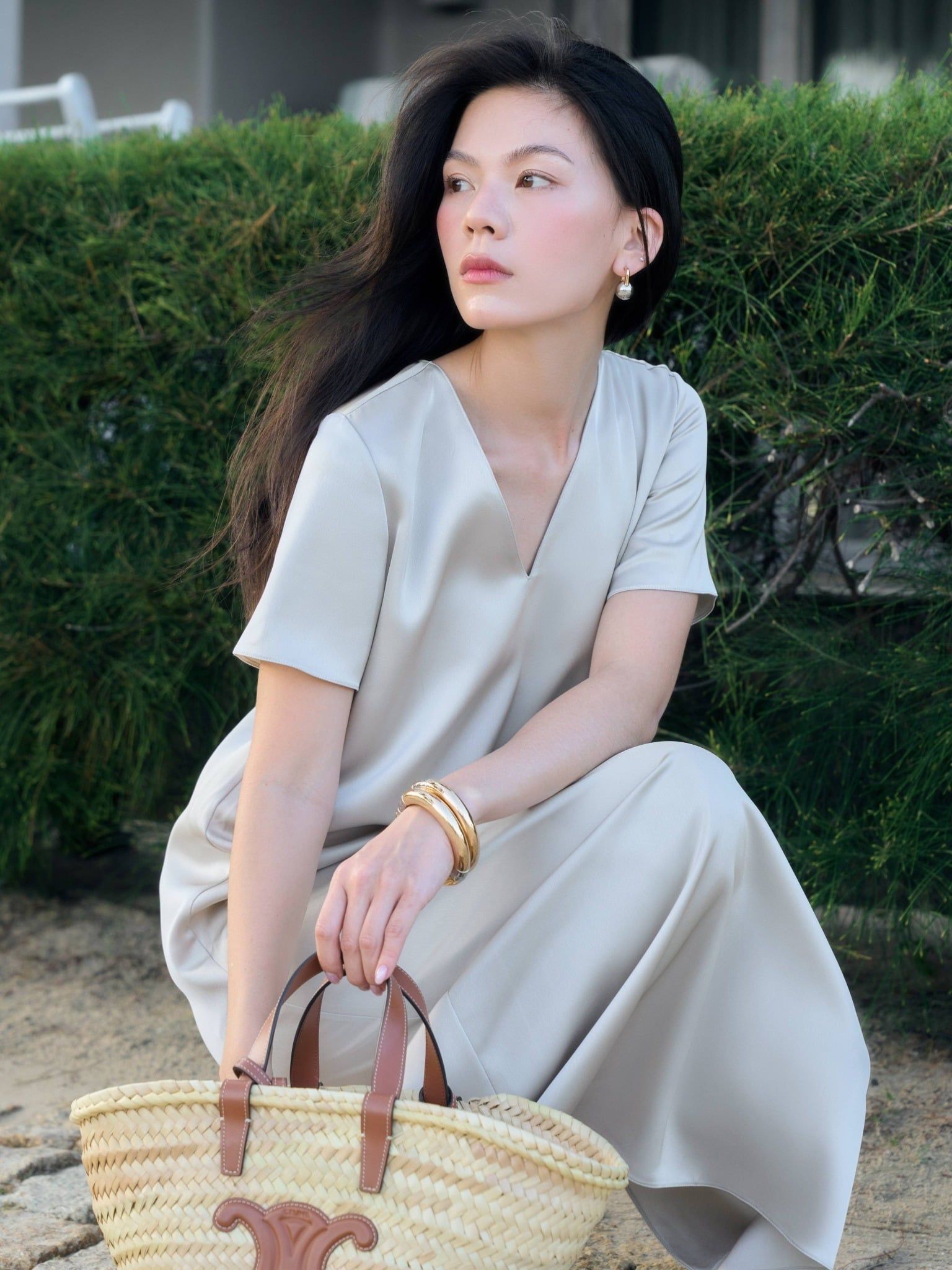  Đầm lụa dài cổ tim | Mauve V Silk dress 