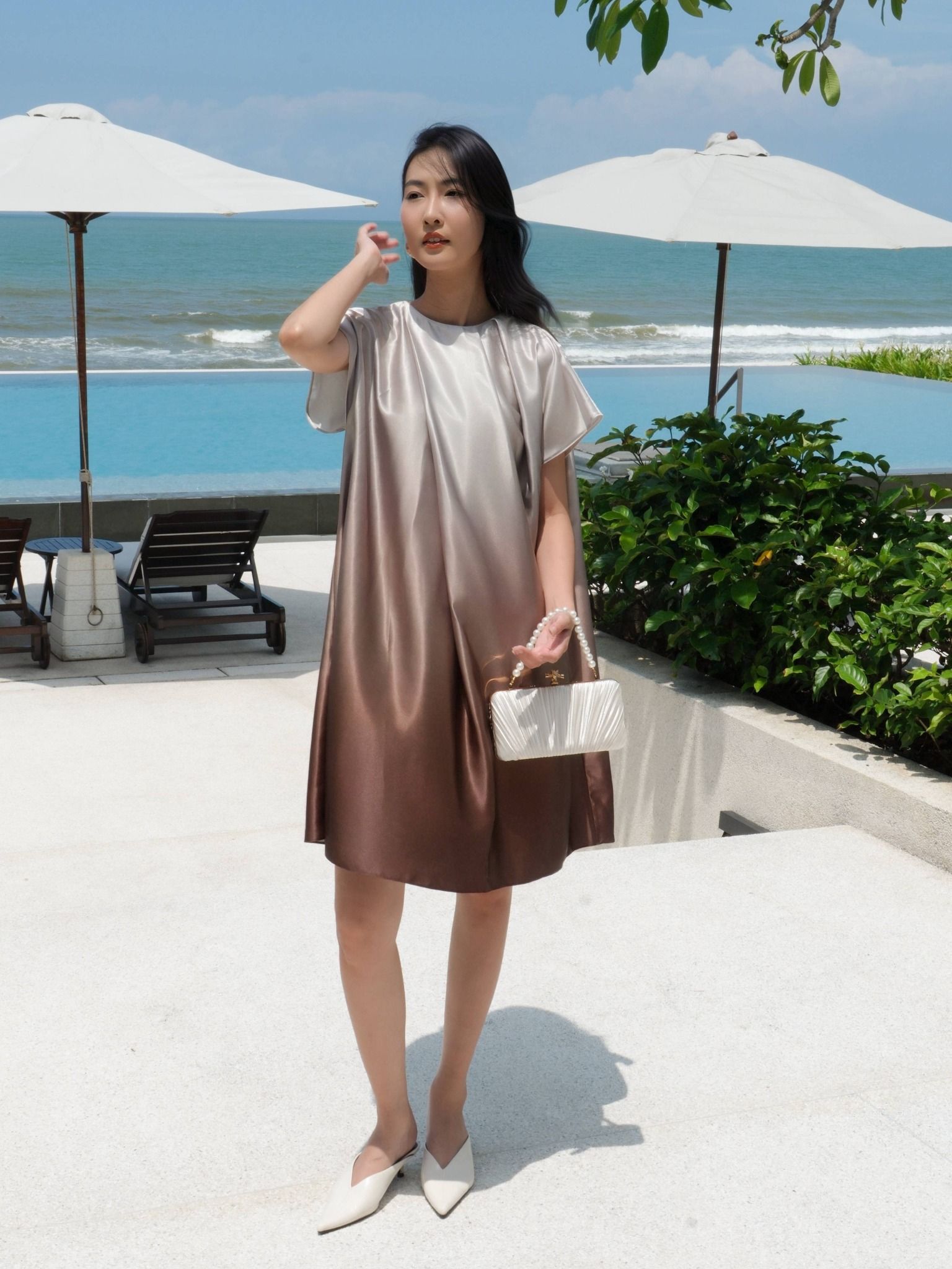  Đầm lụa loang màu thắt nơ | Mauve Ombre dress 