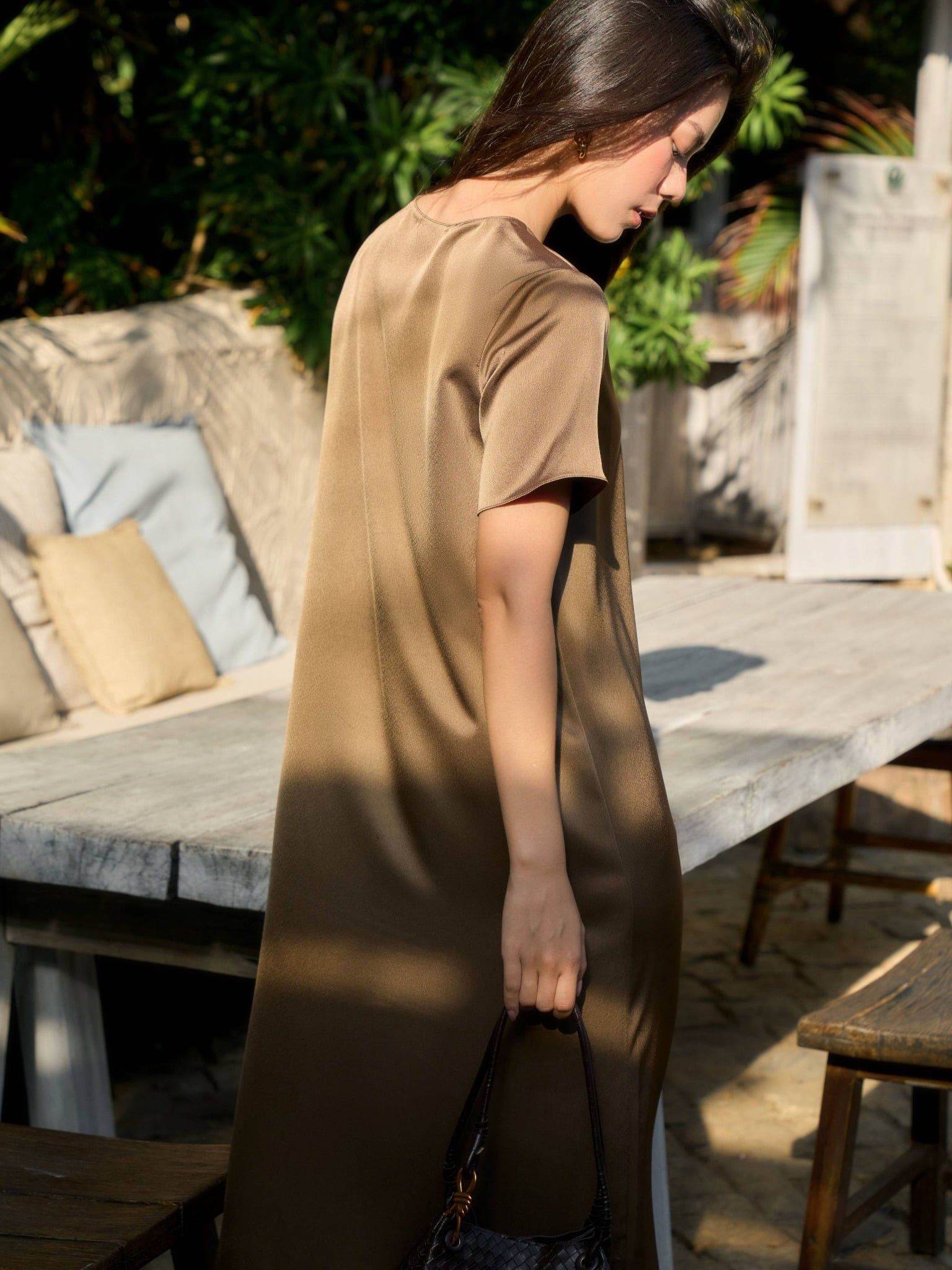  Đầm lụa dài cổ tim | Mauve V Silk dress 