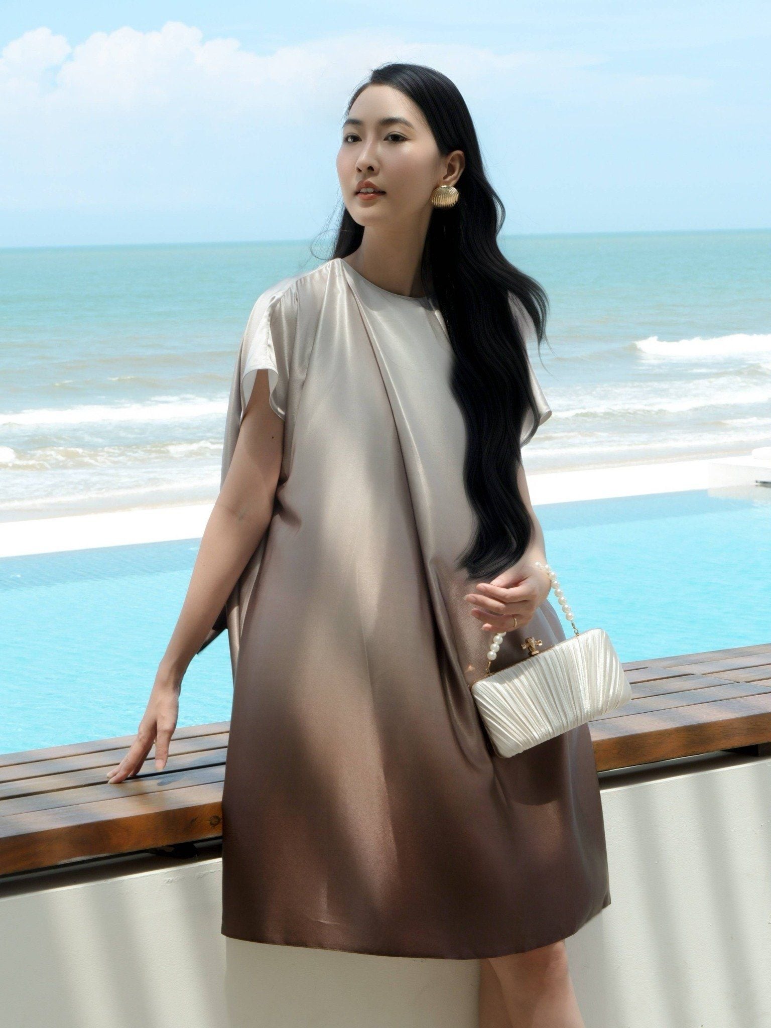  Đầm lụa loang màu thắt nơ | Mauve Ombre dress 