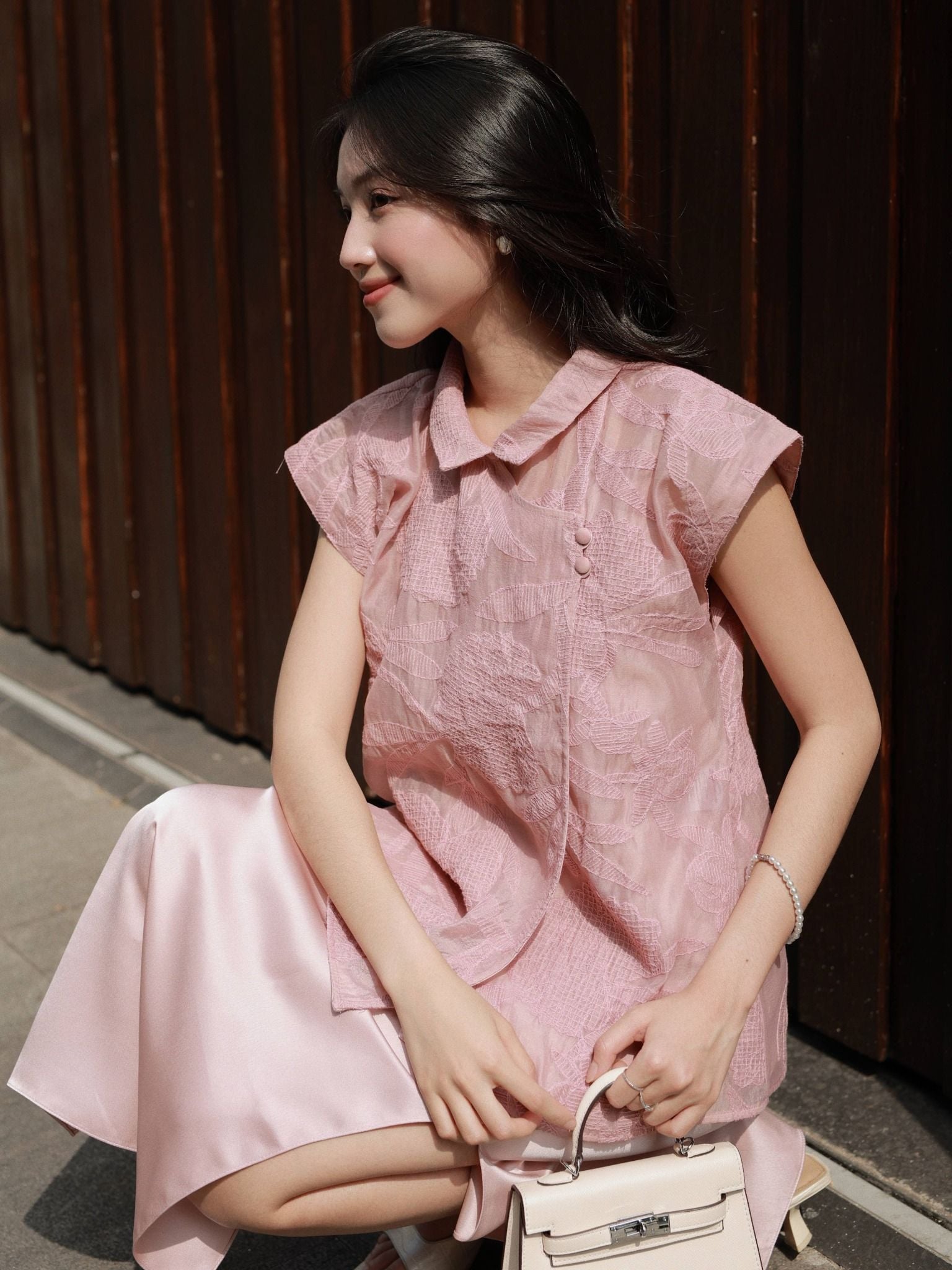  Set đầm lụa phối áo voan thêu | Mauve Lunar set 