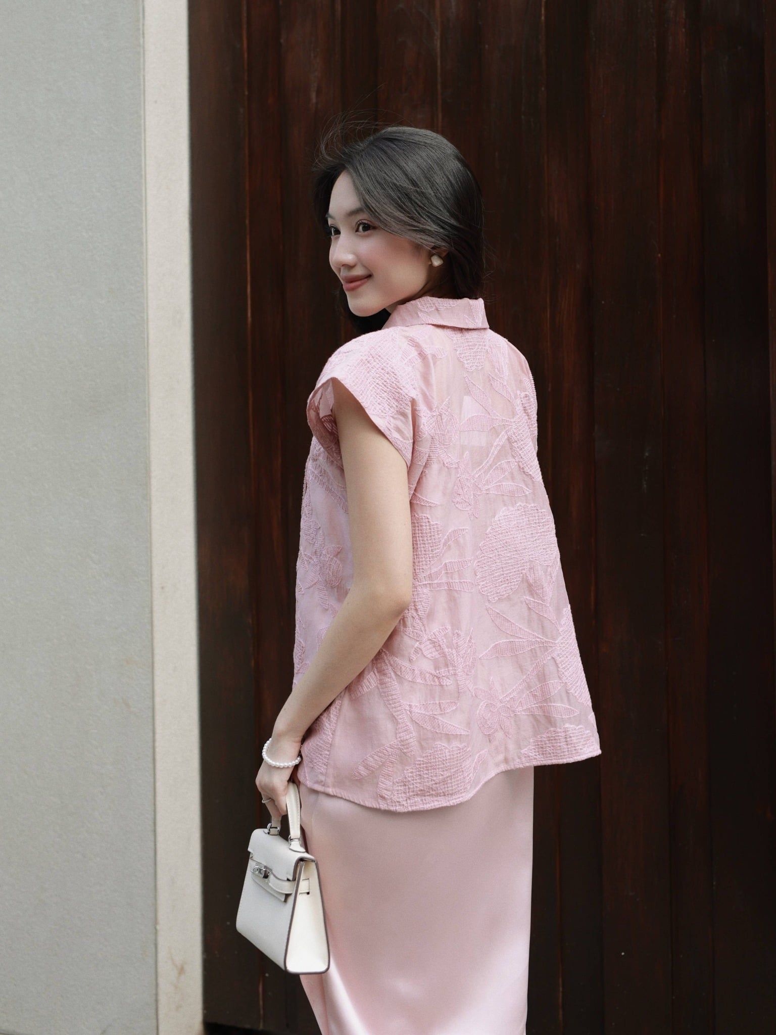  Set đầm lụa phối áo voan thêu | Mauve Lunar set 