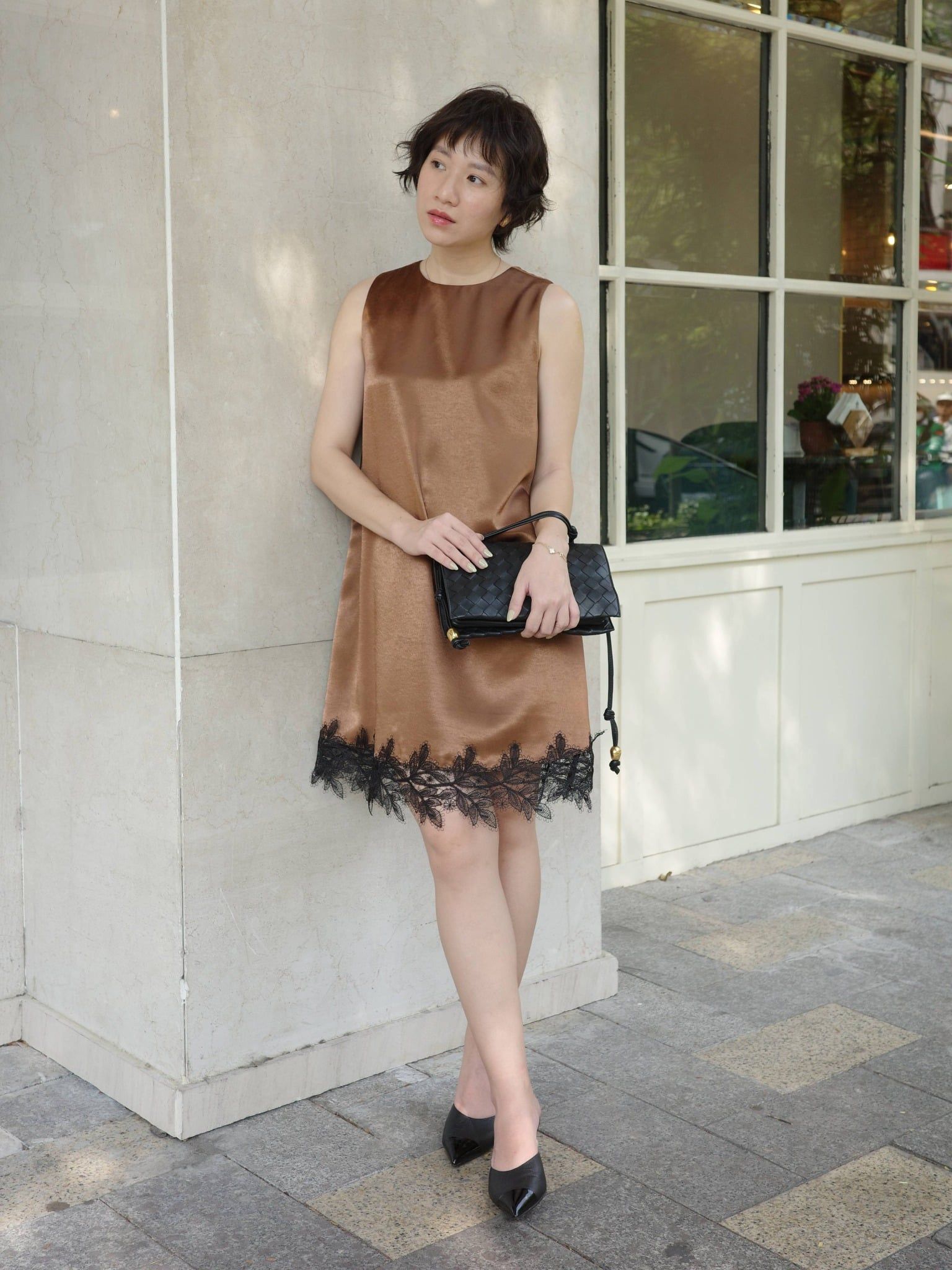  Đầm lụa phối ren | Mauve Satin Lace dress 