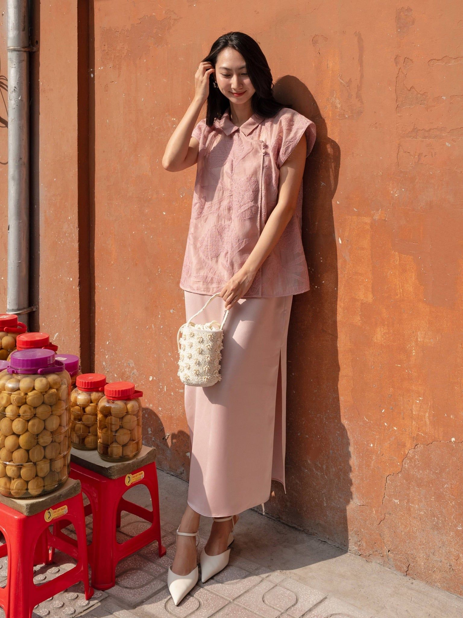  Set đầm lụa phối áo voan thêu | Mauve Lunar set 