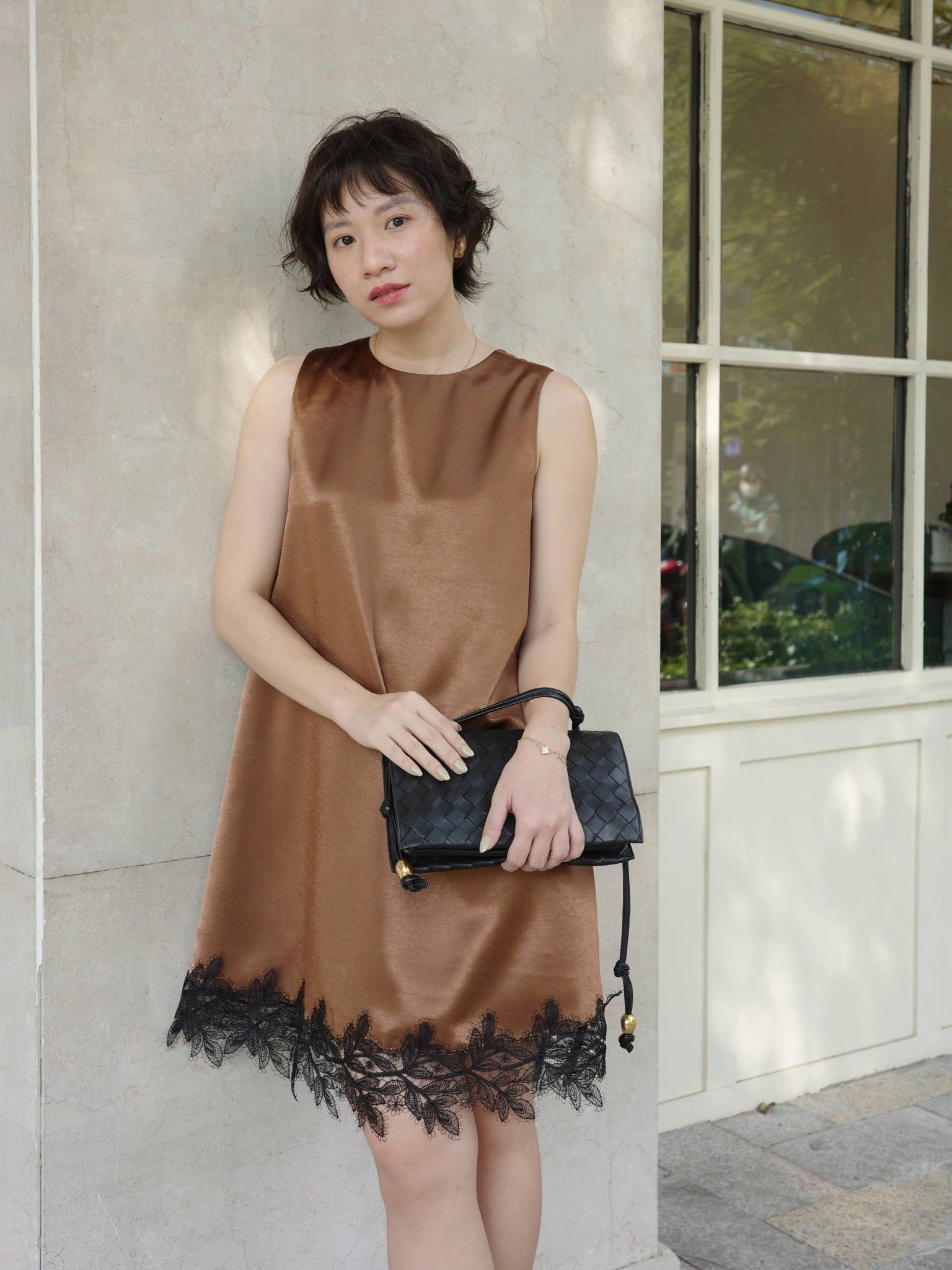  Đầm lụa phối ren | Mauve Satin Lace dress 