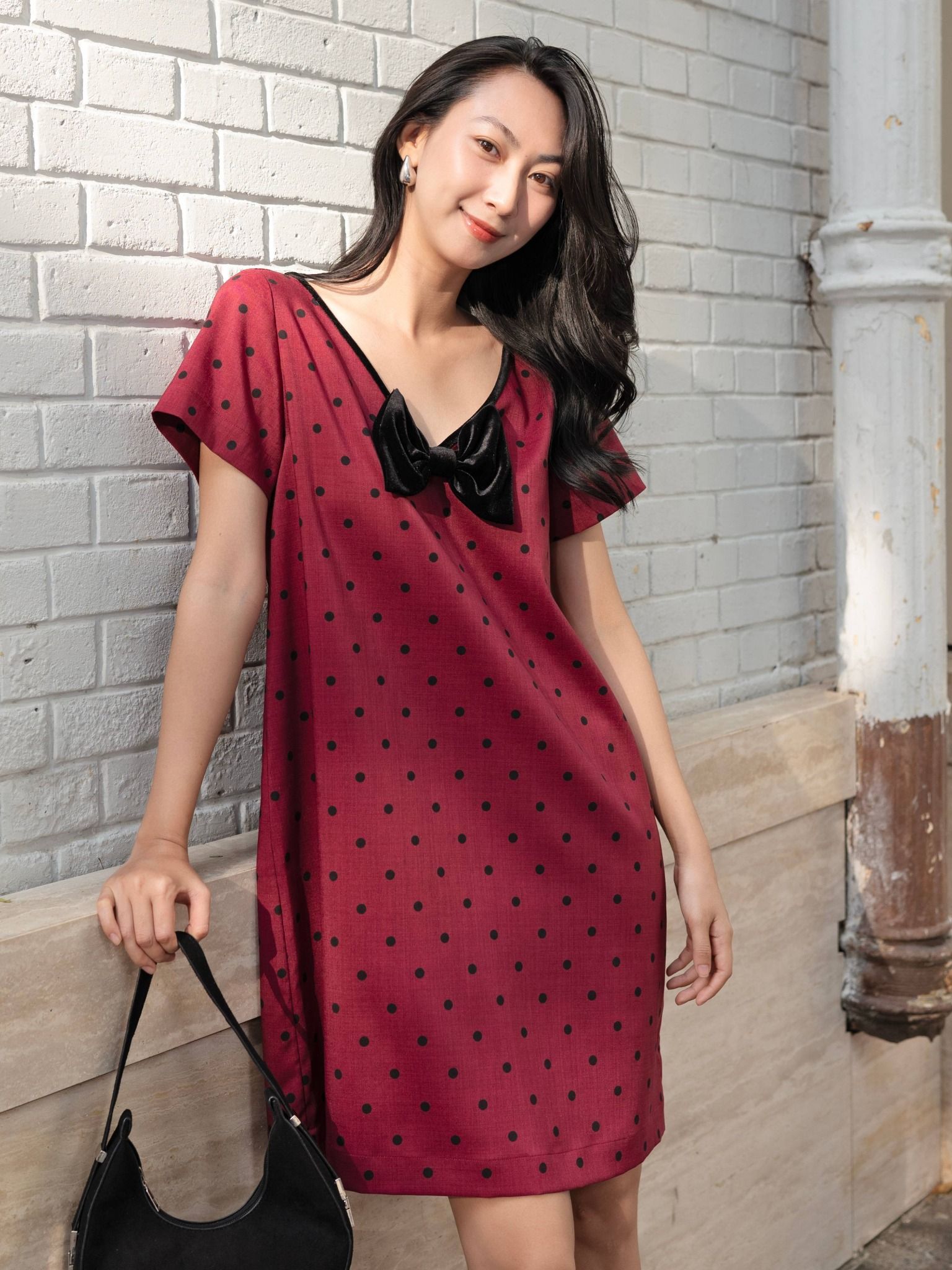  Đầm chấm bi phối nơ cổ tim | Mauve Bowie dress 