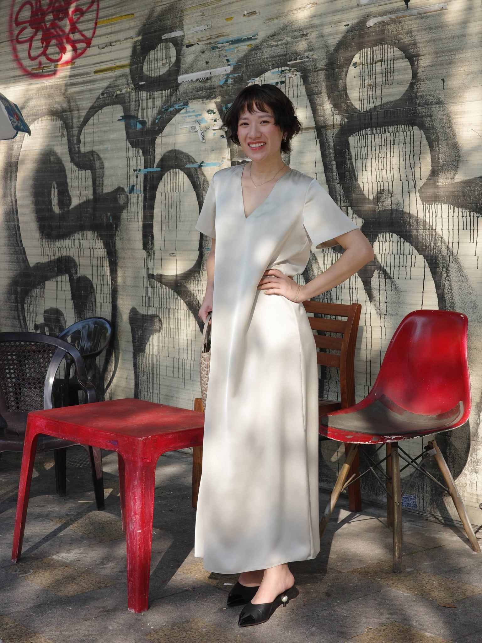  Đầm lụa dài cổ tim | Mauve V Silk dress 