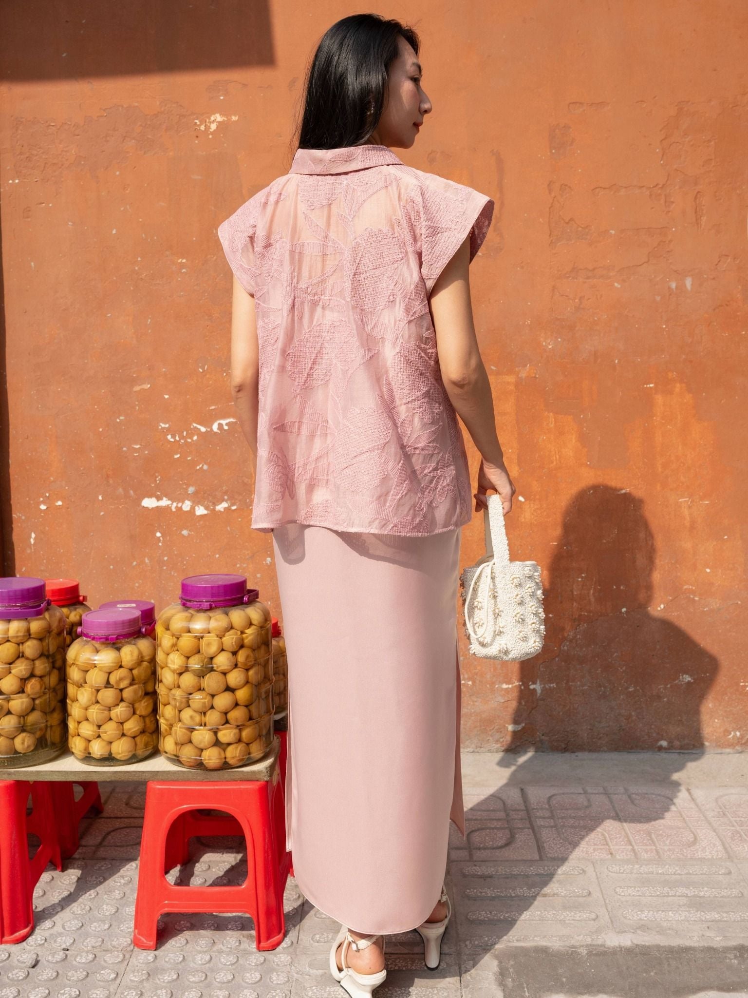  Set đầm lụa phối áo voan thêu | Mauve Lunar set 