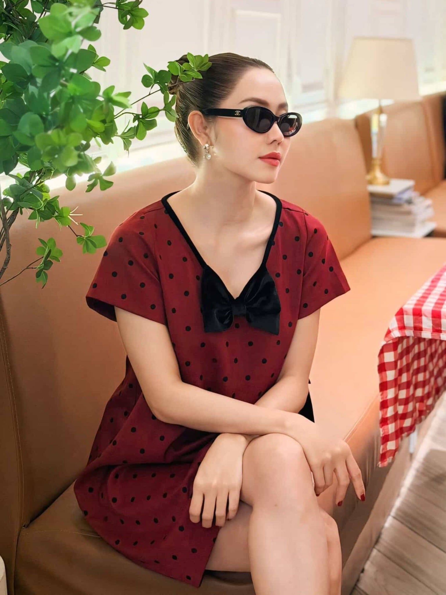  Đầm chấm bi phối nơ cổ tim | Mauve Bowie dress 