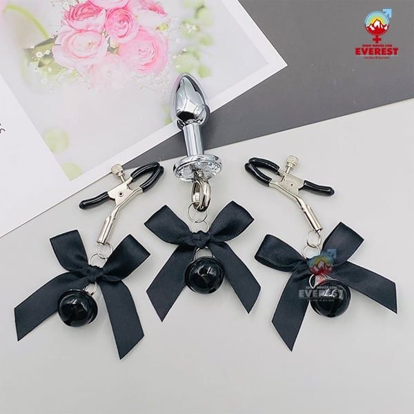  Combo bộ 3 món phích cắm hậu môn kèm kẹp ti có chuông nà nơ 