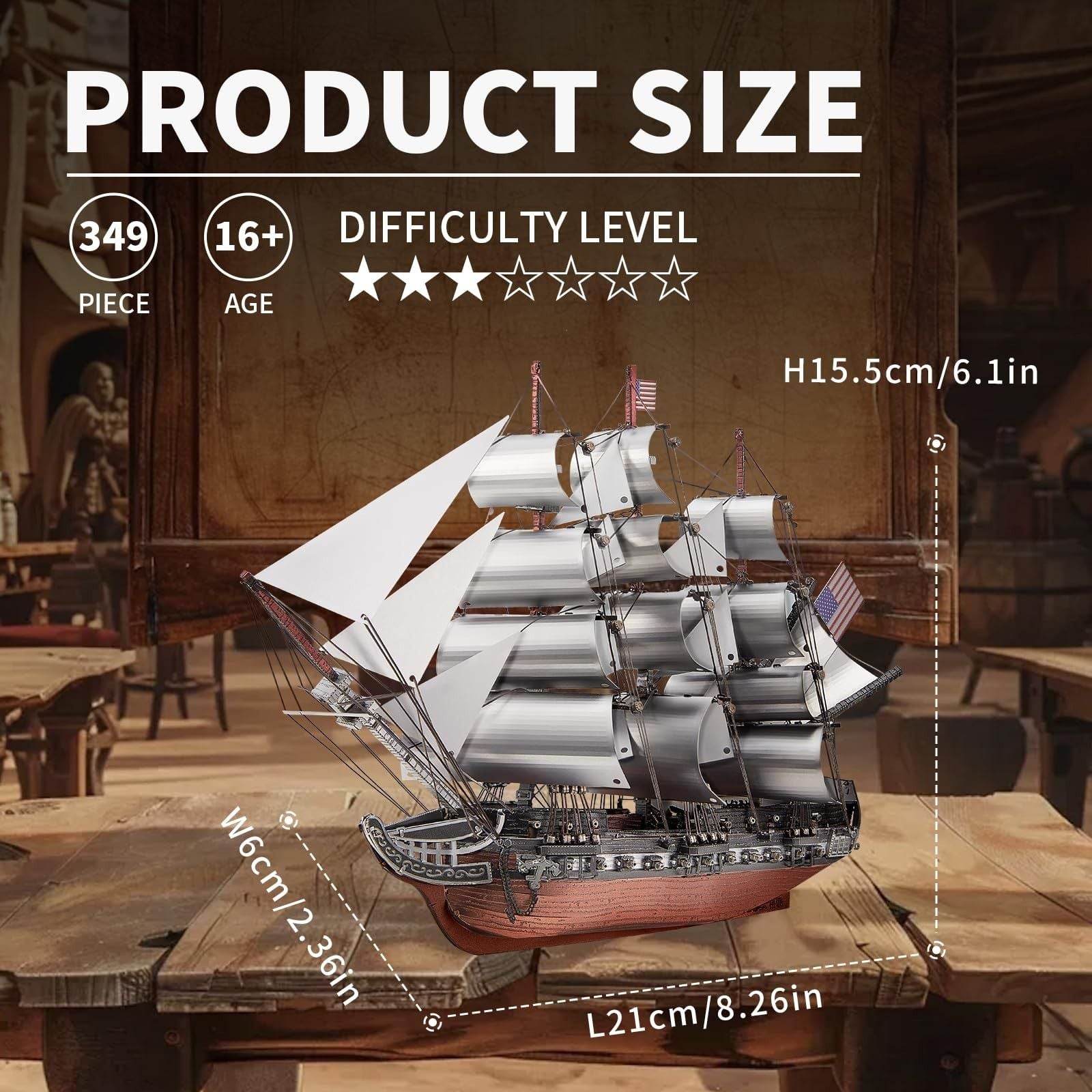  Mô Hình Kim Loại 3D Lắp Ráp Piececool Chiến Hạm Buồm USS Constitution IX-21 Hải Quân Hoa Kỳ (349 mảnh, Nhiều Màu) HP376-RS – MP1325 