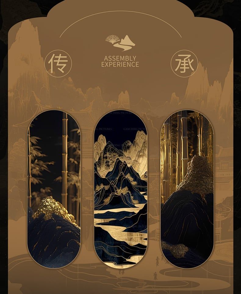  Mô Hình Kim Loại 3D Lắp Ráp Piececool Kim Hội Sơn Thủy Chiết Phiến (56 mảnh, Gold Painted Folding Fan) F002-GK – MP1300 