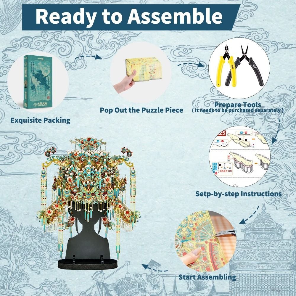  Mô Hình Kim Loại 3D Lắp Ráp Piececool Điểm Thúy Phượng Quan (748 mảnh, Kingfisher Phoenix Tiara) P388-BR – MP1303 