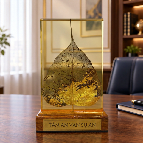 Lá bồ đề Tâm an vạn sự an dát vàng 24K