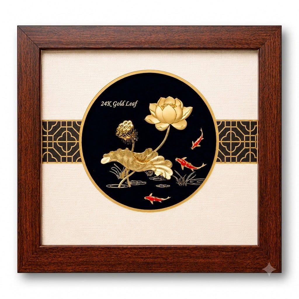  Tranh hoa sen dát vàng 24K (Mẫu cá Koi) 