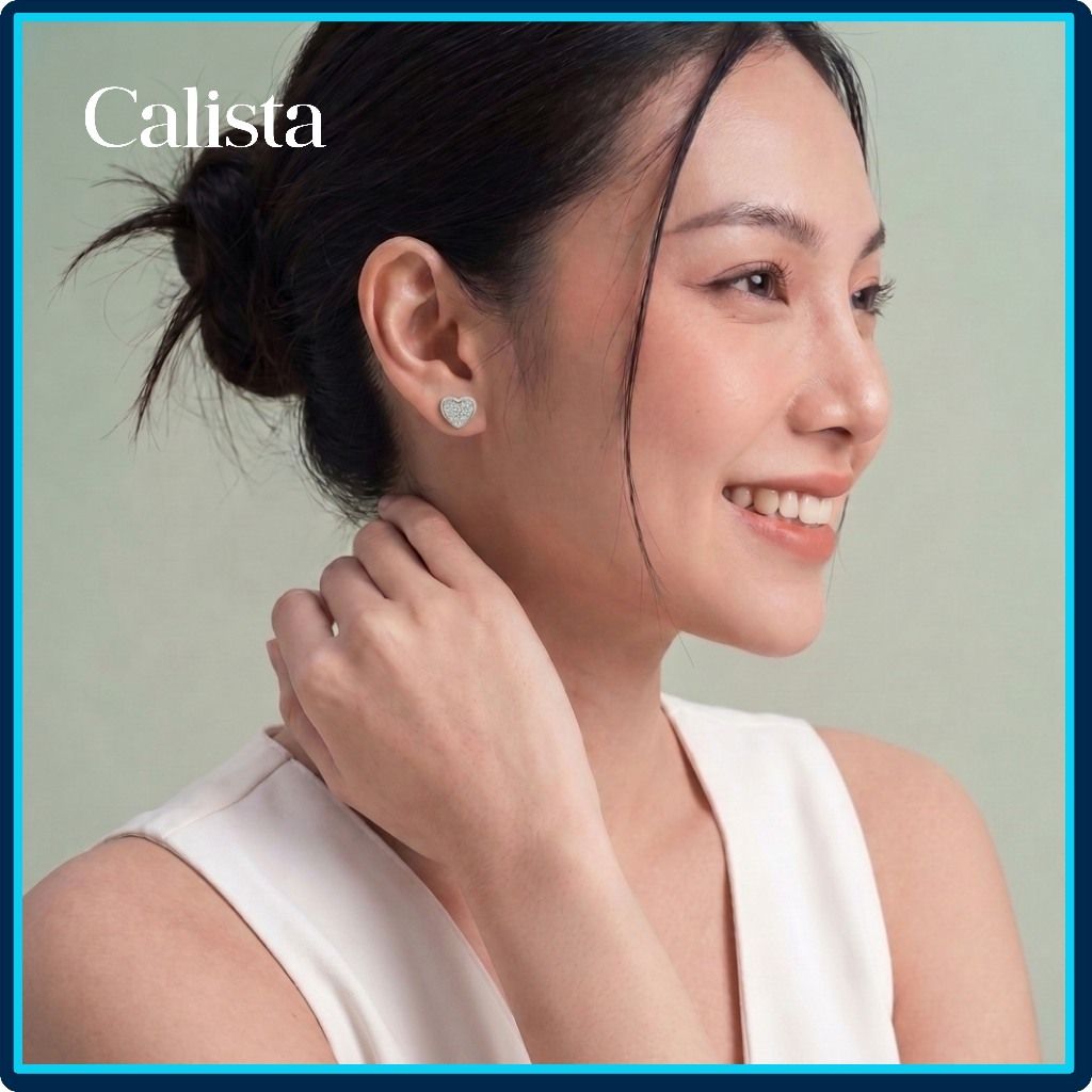  Khuyên tai nữ hình trái tim đính đá CZ bạc S925 Calista lấp lánh cao cấp 