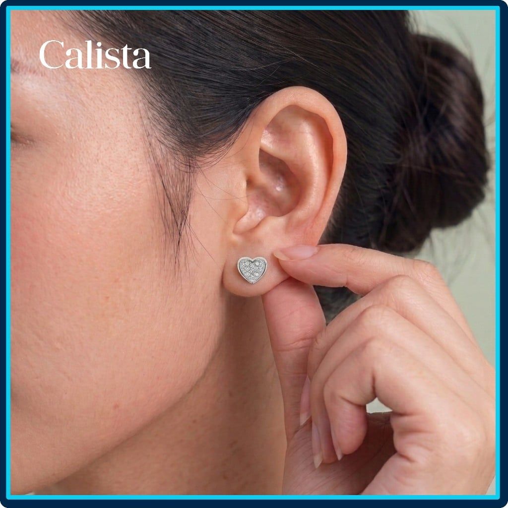  Khuyên tai nữ hình trái tim đính đá CZ bạc S925 Calista lấp lánh cao cấp 