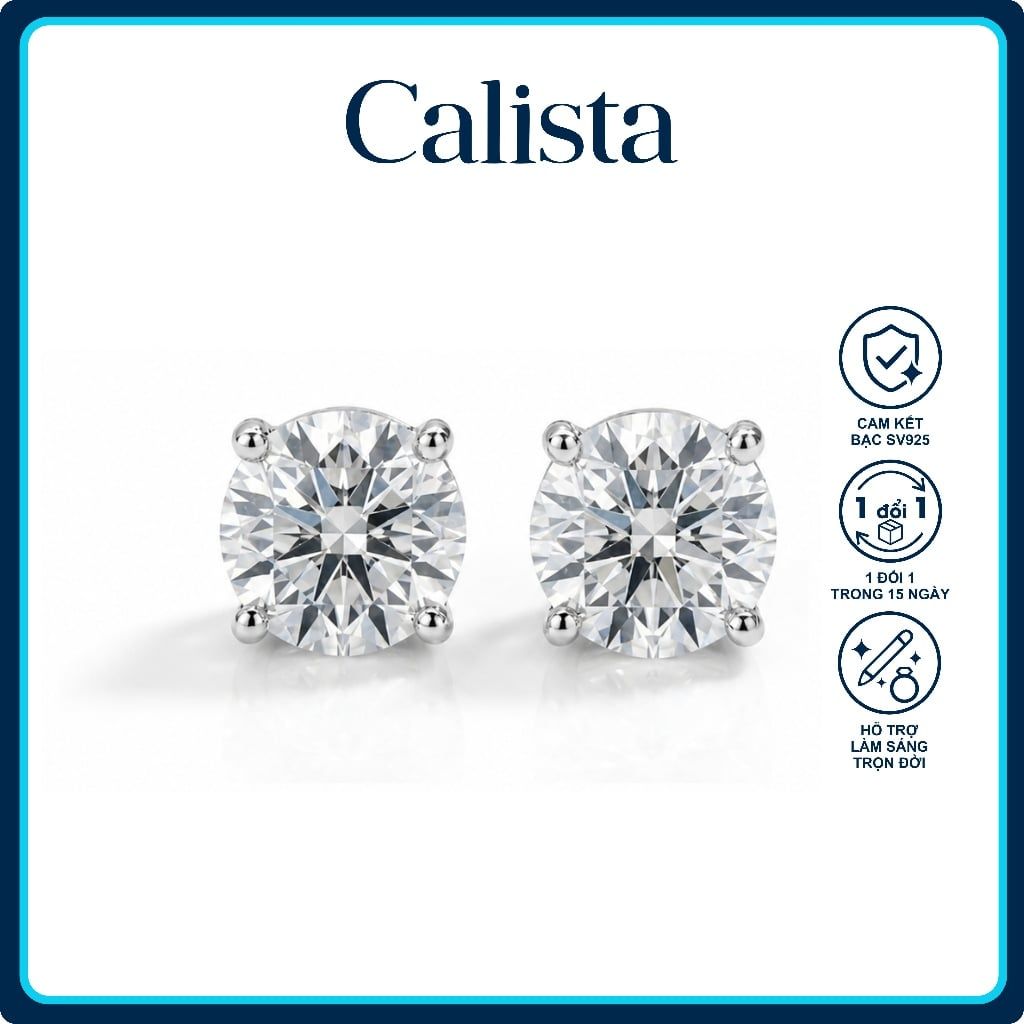  Khuyên tai nữ nụ đá bạc S925 Mạ Rhodium Calista Đính Đá CZ lấp lánh cao cấp 