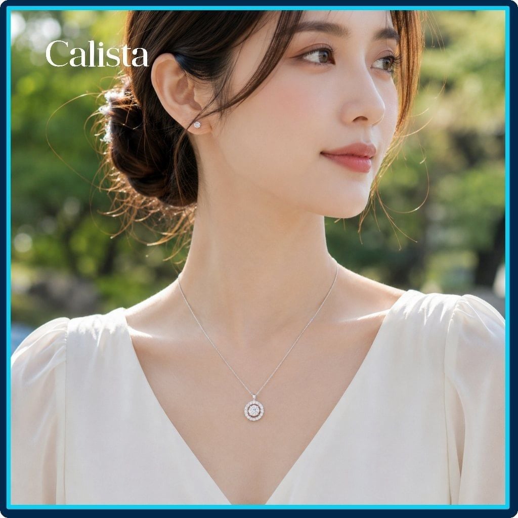  Dây chuyền bạc nữ Calista Dancing Stone mạ Rhodium hình hoa hướng dương đính đá CZ 6.5mm 