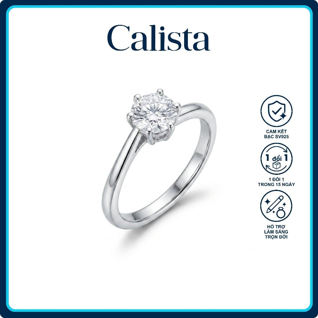  Nhẫn bạc nữ Calista ổ đá 6 chấu xoáy lệch tâm sang trọng 