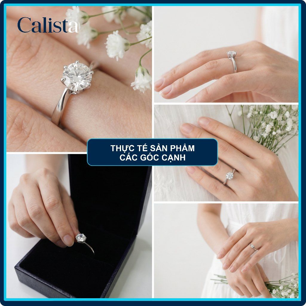  Nhẫn bạc nữ Calista ổ đá 6 chấu xoáy lệch tâm sang trọng 